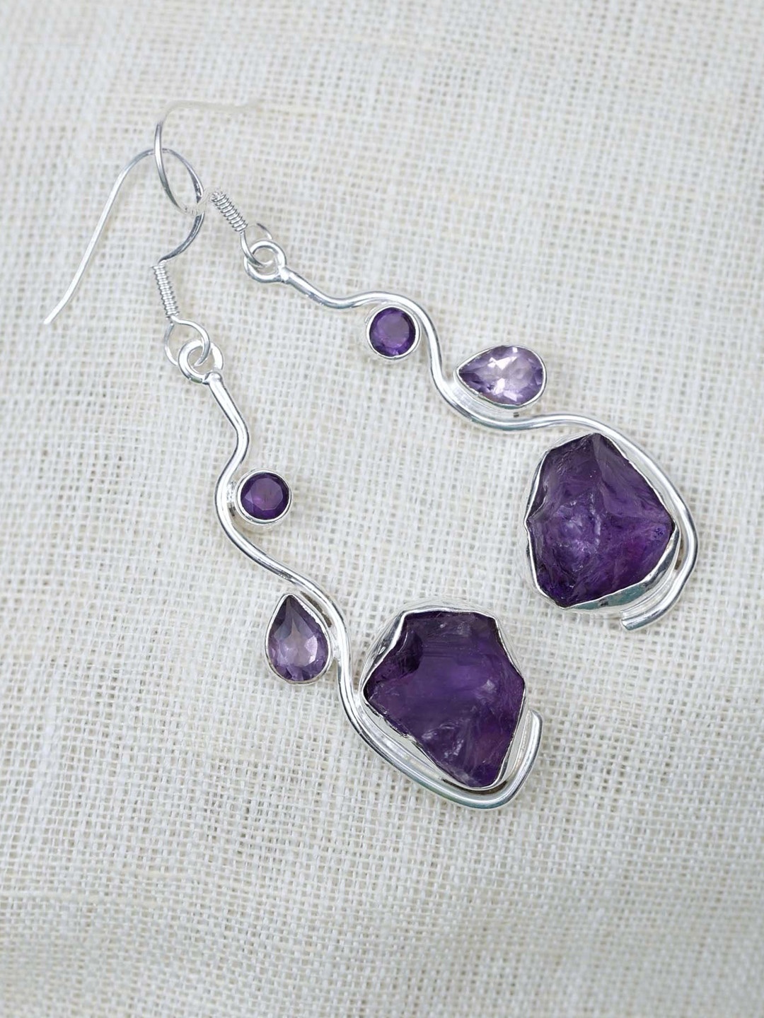 

Exotic India Raw Amethyst Gemstone Sterling Silver Dangle Earrings, Purple