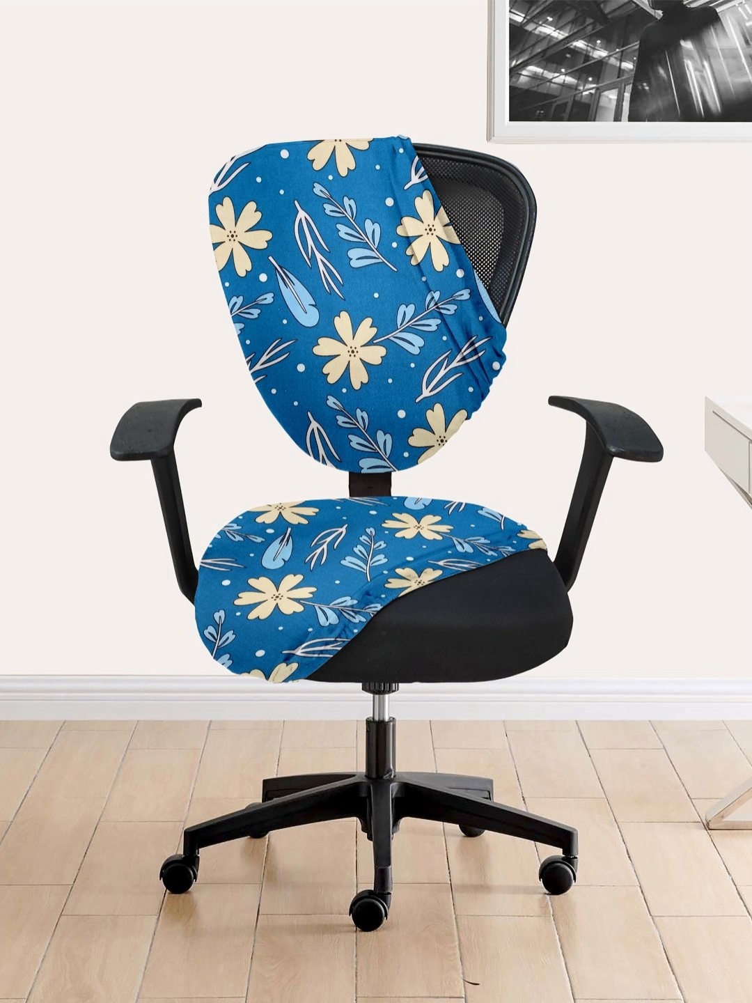 

Lazi 2 Pieces Blue & Yellow Floral Printed Stretchable Office Chair Covers