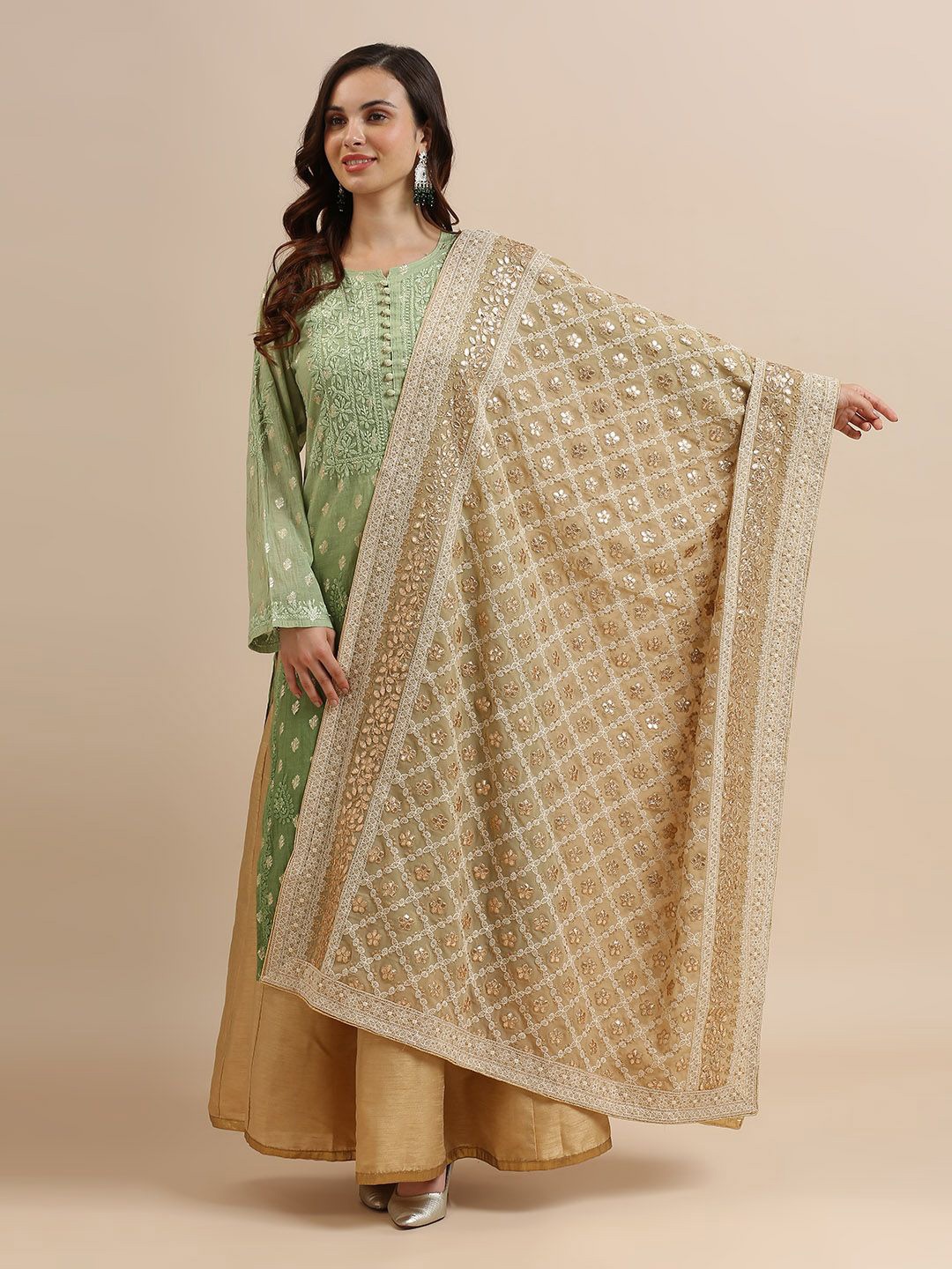 

Dupatta Bazaar Ethnic Motifs Embroidered Lucknowi Work Dupatta With Gotta Patti, Beige