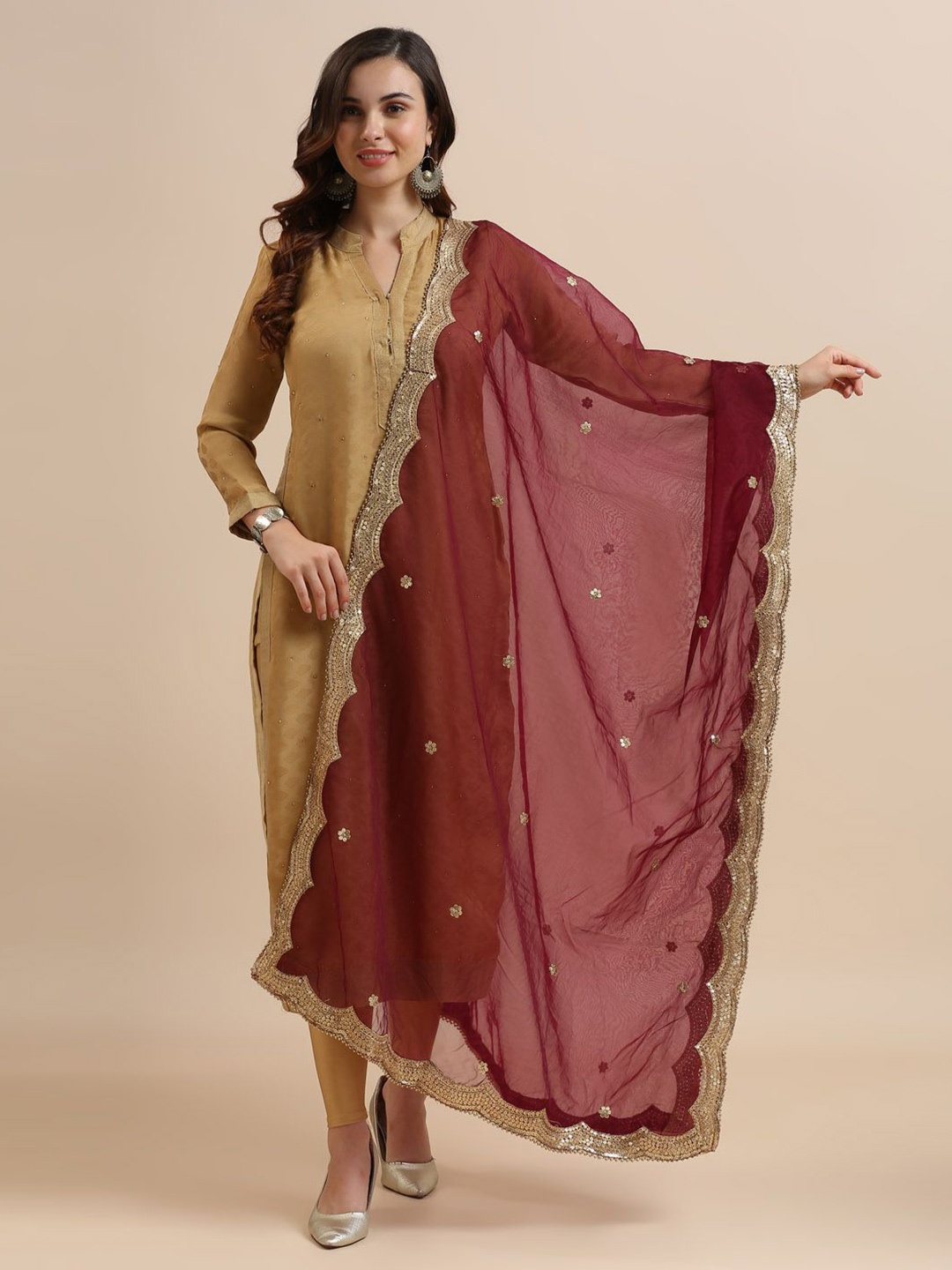

Dupatta Bazaar Ethnic Motifs Embroidered Sequinned Organza Dupatta, Burgundy
