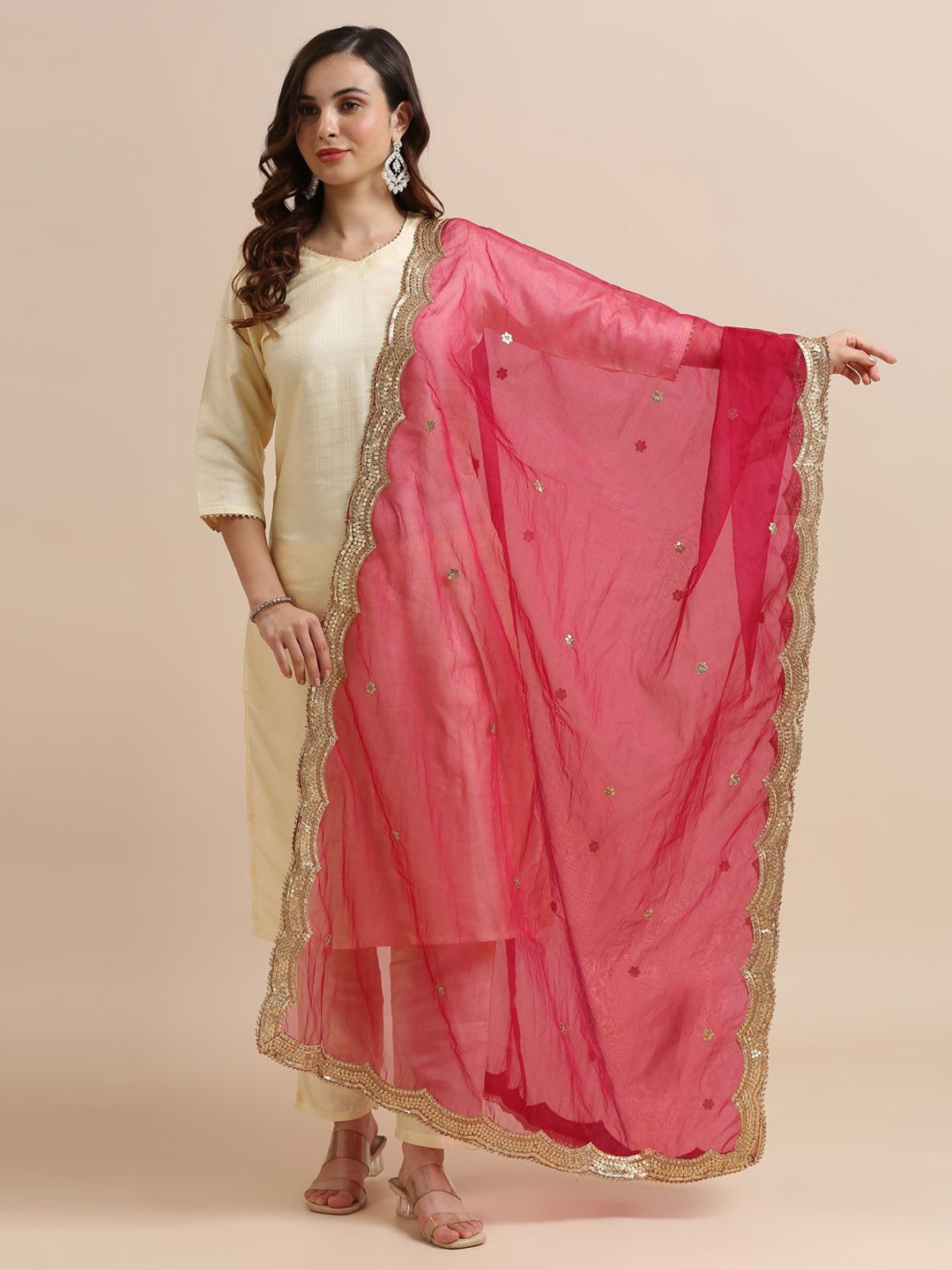 

Dupatta Bazaar Ethnic Motifs Embroidered Sequinned Organza Dupatta, Pink
