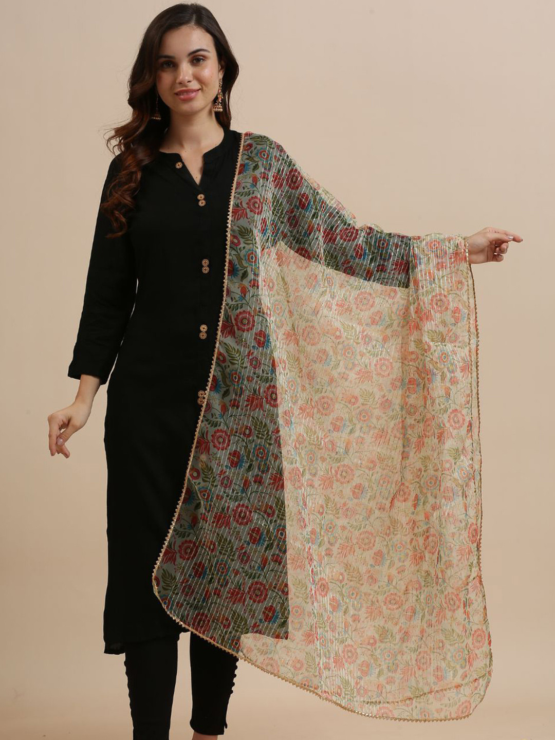 

Dupatta Bazaar Floral Printed Organza Dupatta With Thread Work, Yellow