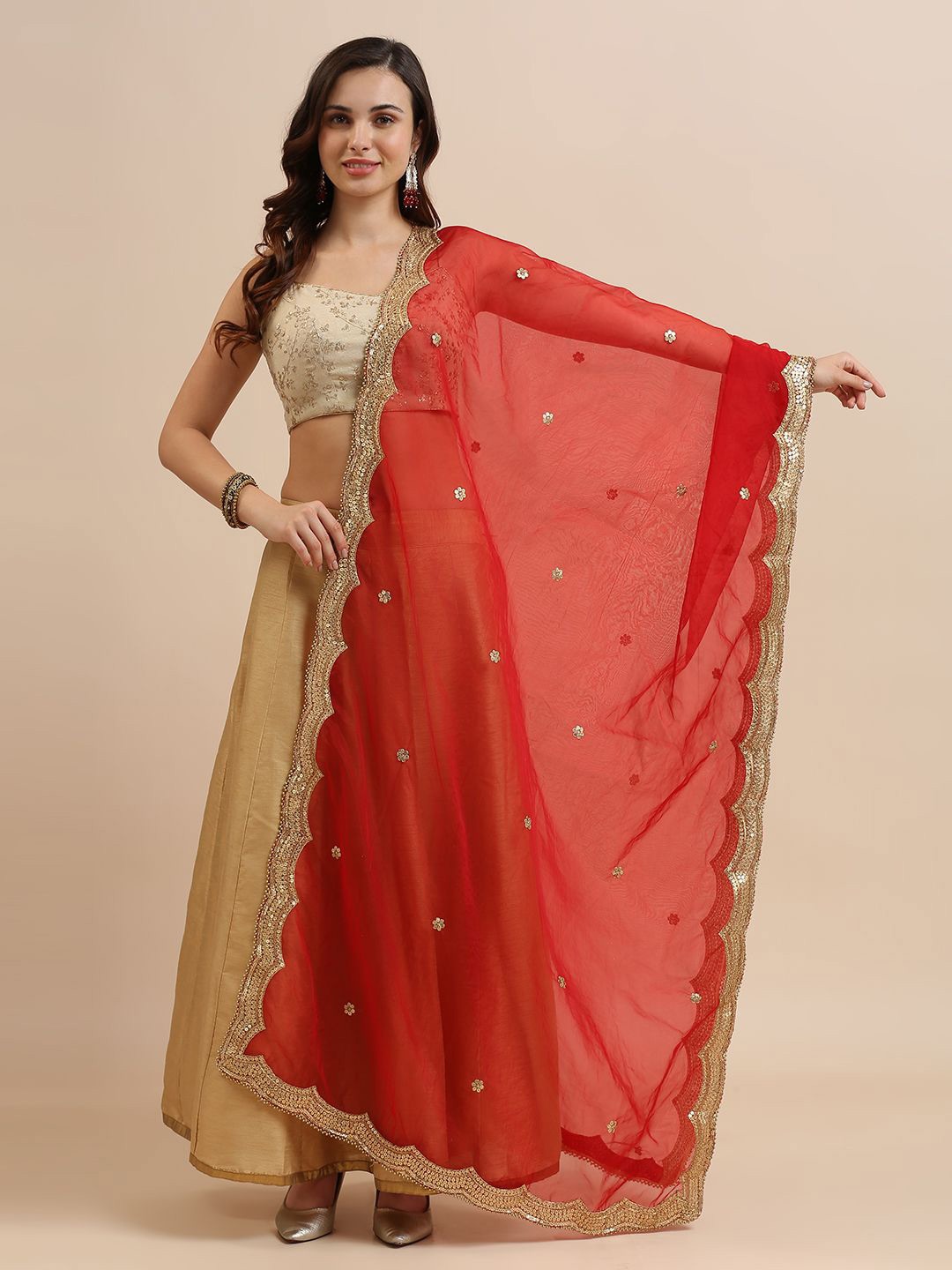 

Dupatta Bazaar Ethnic Motifs Embroidered Sequinned Organza Dupatta, Red