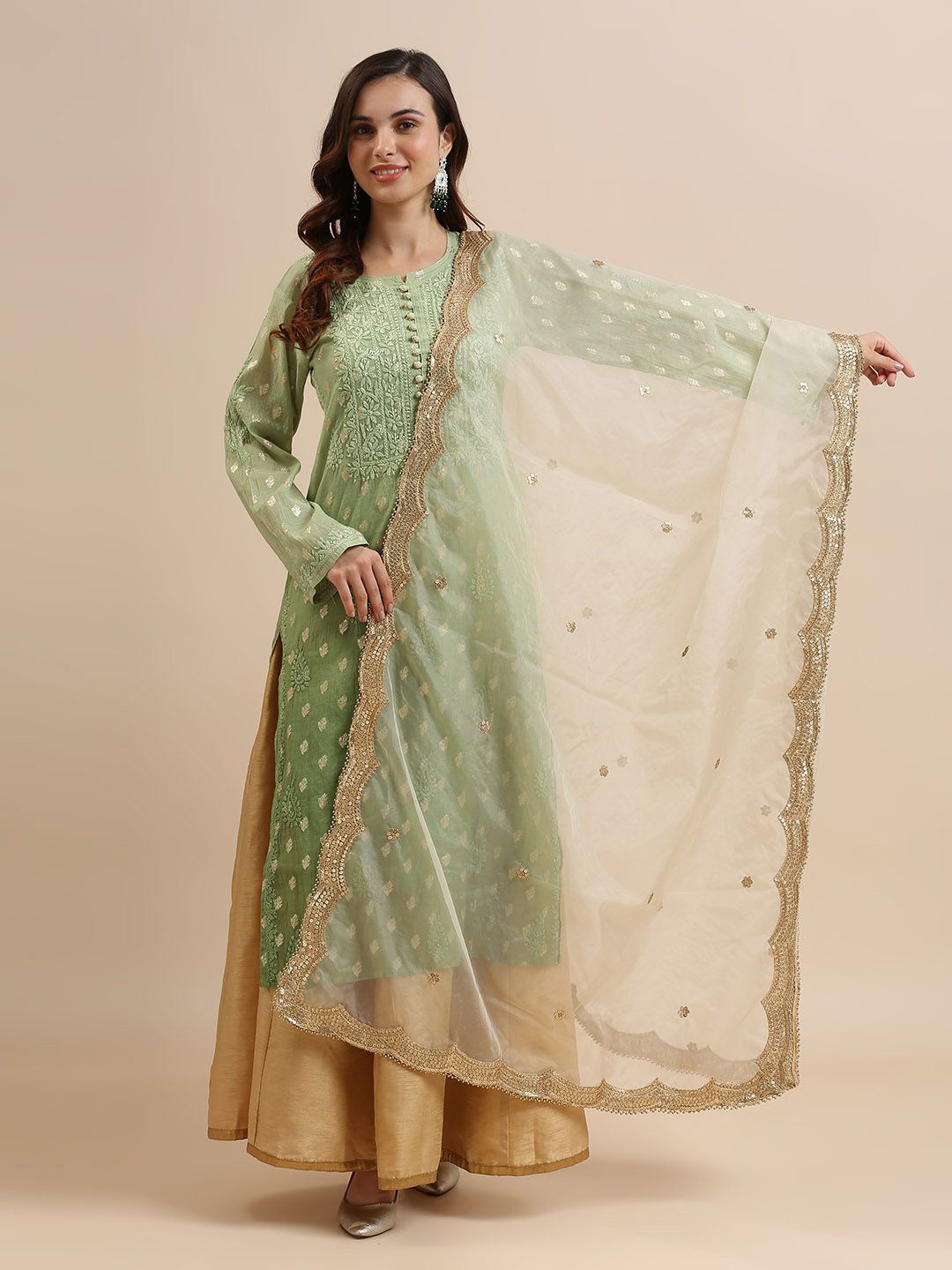 

Dupatta Bazaar Ethnic Motifs Embroidered Sequinned Organza Dupatta, Off white
