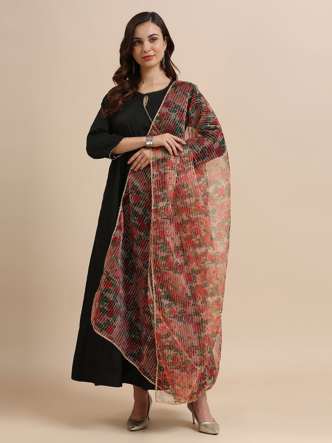 

Dupatta Bazaar Floral Printed Organza Dupatta With Thread Work, Peach