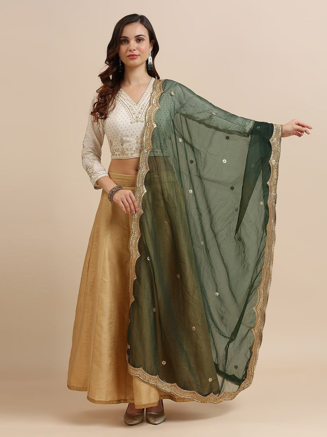 

Dupatta Bazaar Ethnic Motifs Embroidered Sequinned Organza Dupatta, Green