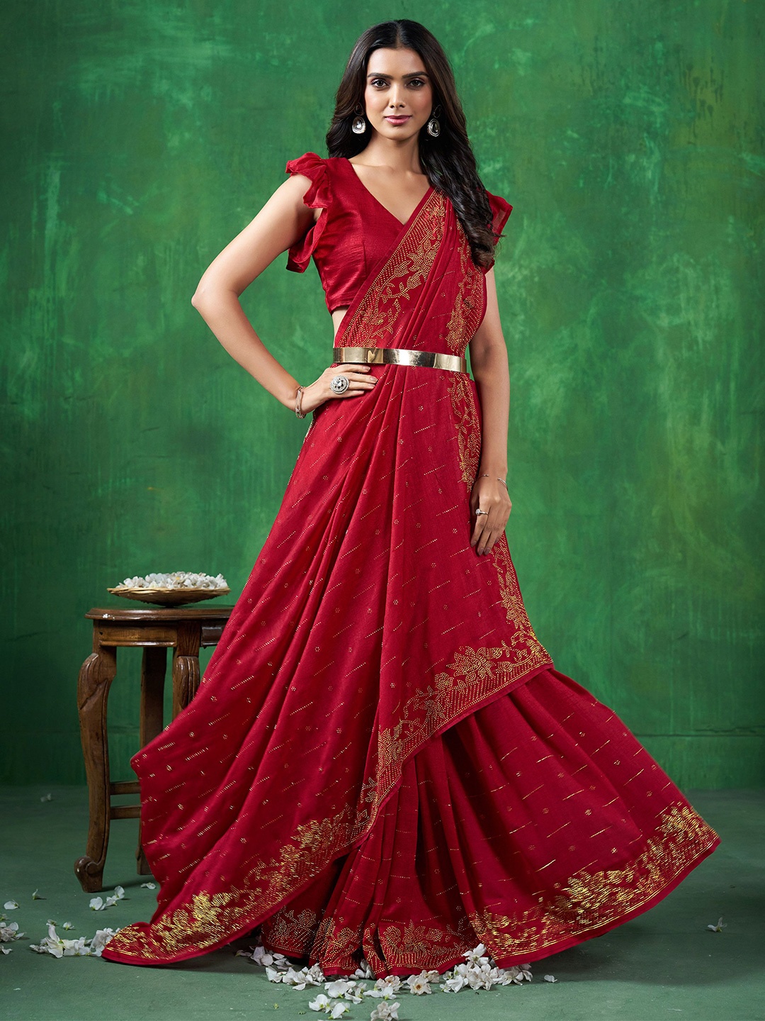 

Sangria Embellished Beads and Stones Belted Saree, Maroon