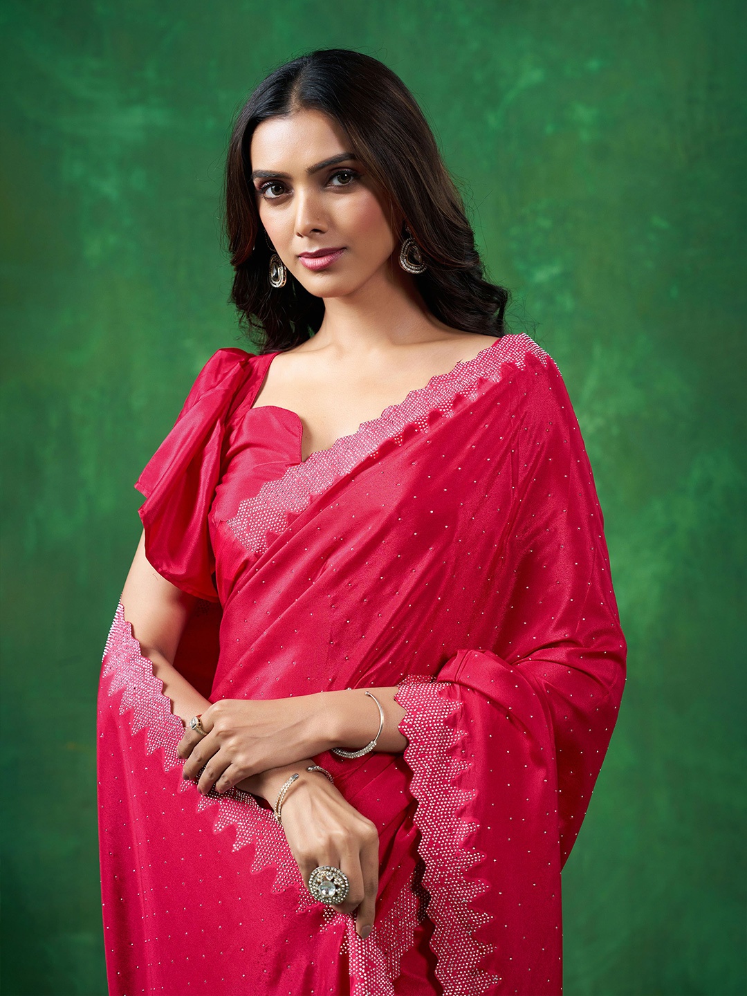 

Sangria Embellished Beads and Stones Saree, Red