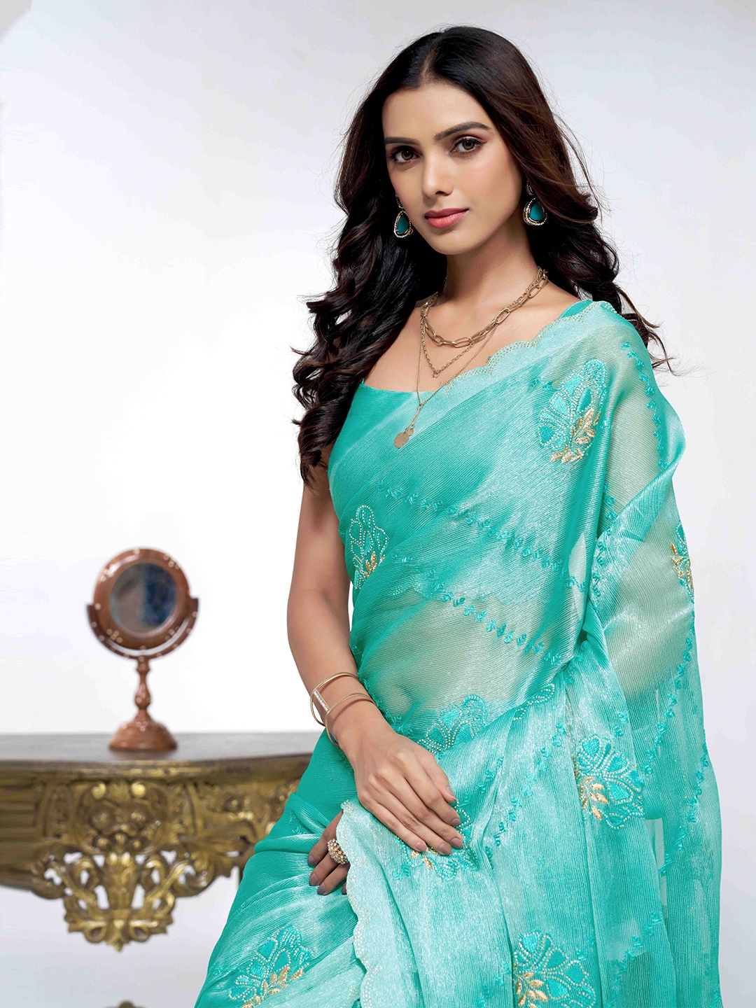 

Sangria Embellished Beads and Stones Saree, Sea green