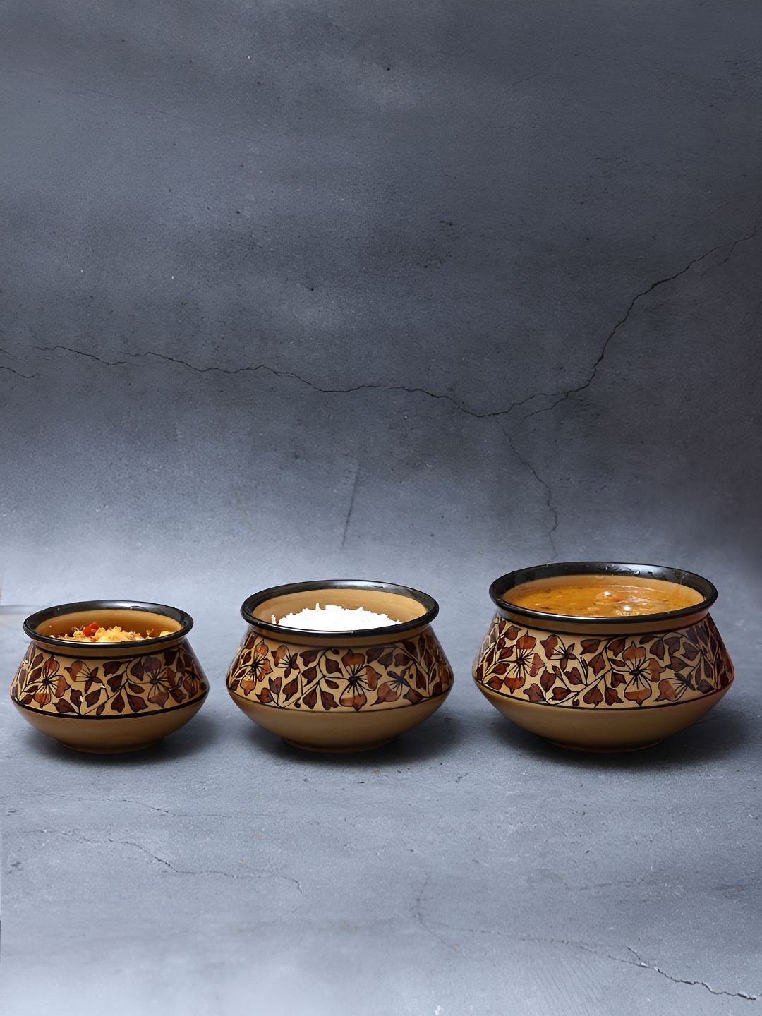 

Unravel India Brown & Black 3 Pieces Printed Ceramic Serving Handi