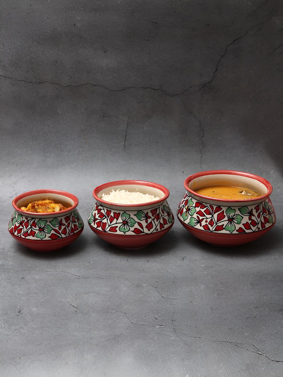

Unravel India Red & White 3 Pieces Printed Easy to Clean Ceramic Serving Handi