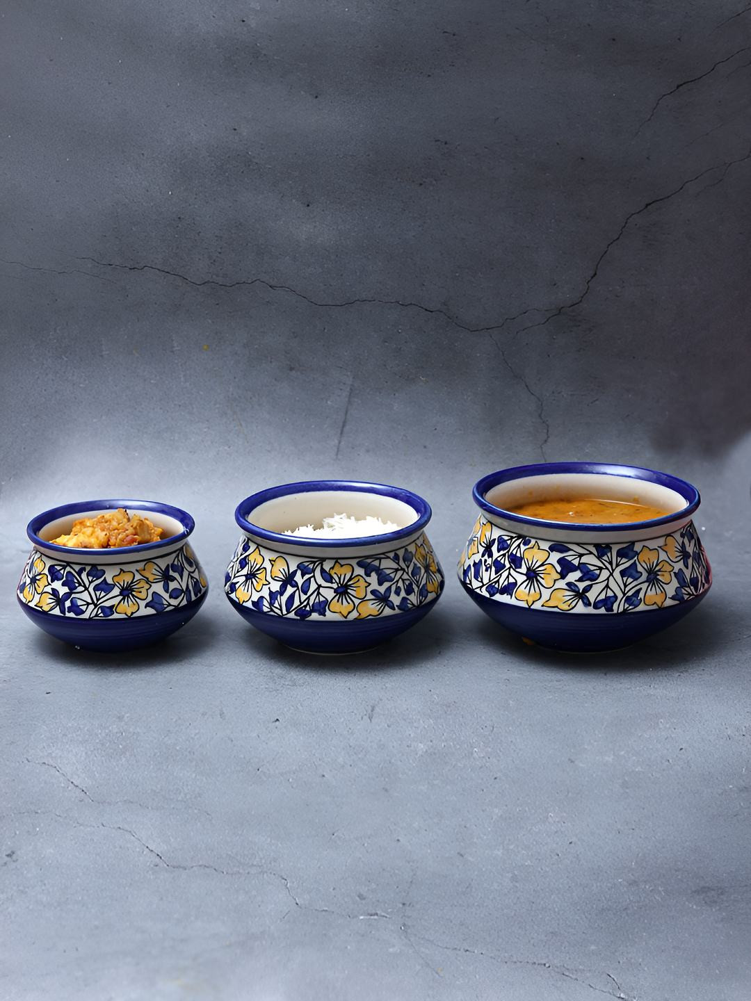 

Unravel India Blue & White 3 Pieces Printed Easy to Clean Ceramic Serving Handi