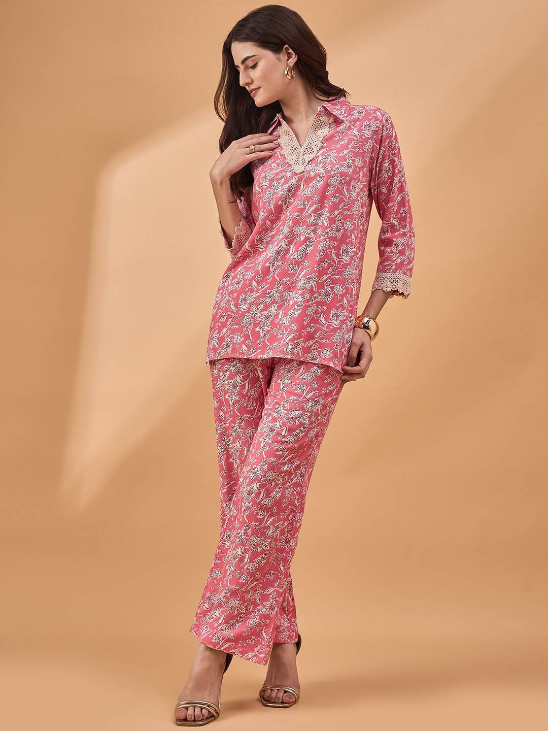 

all about you Pink Floral Printed Lace Detailing Shirt Collar Top With Trousers