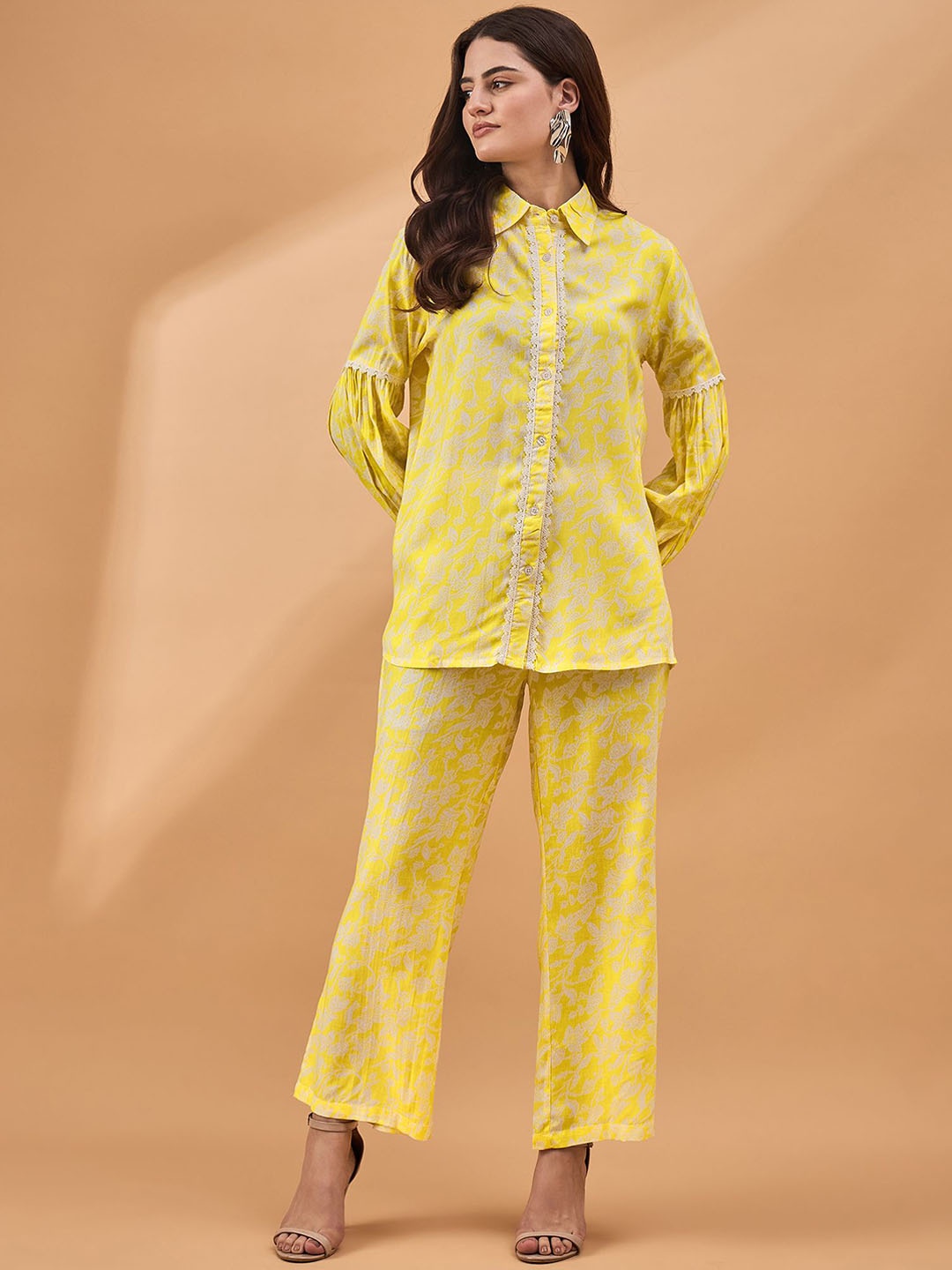 

all about you Yellow Printed Lace Detailing Shirt & Trousers