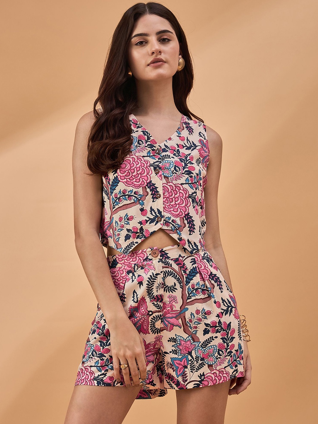 

all about you Beige Floral Printed Pure Cotton Top With Short