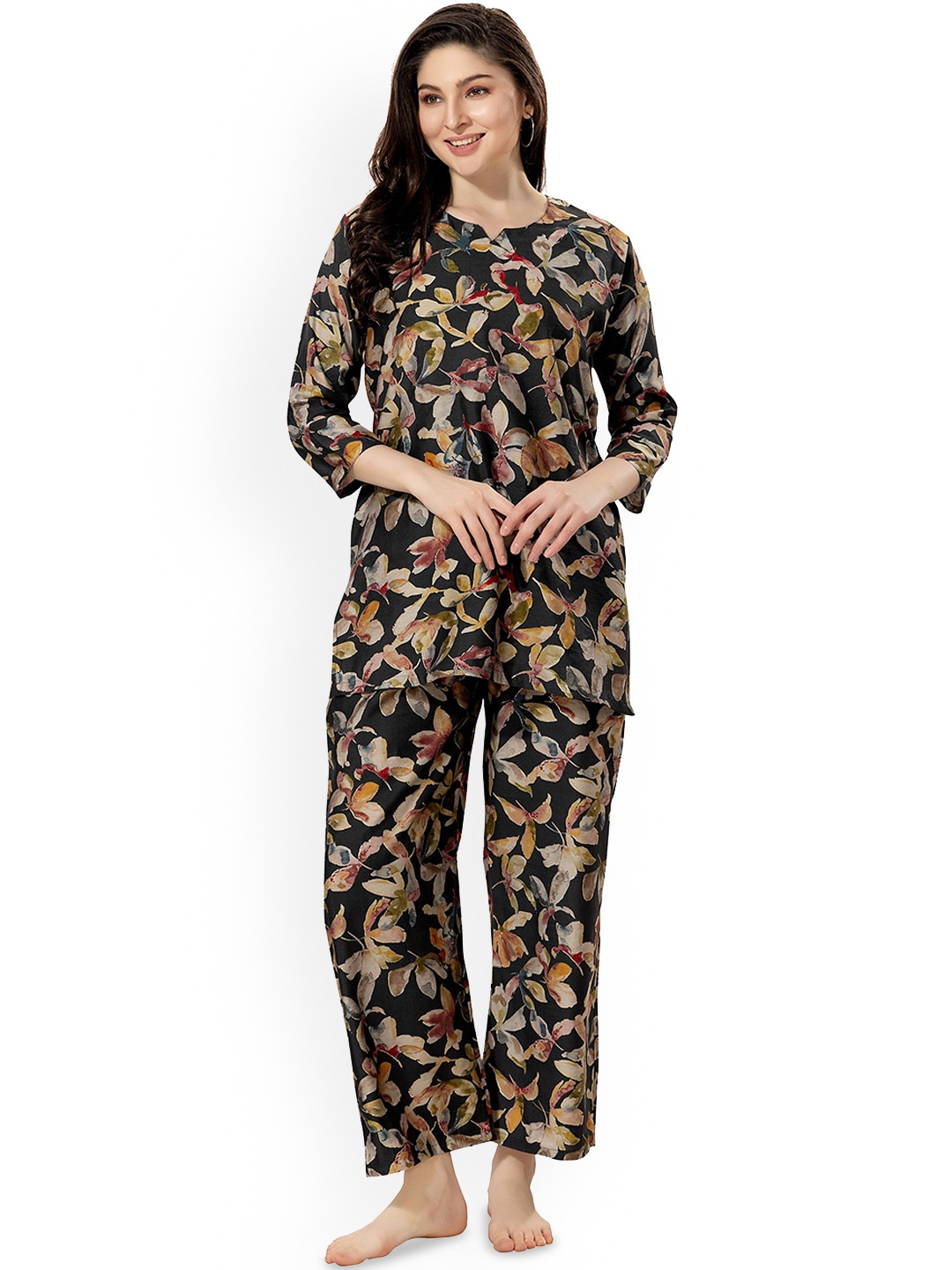 

NIGHT FLOSS Floral Printed Pure Cotton Night Suit, Black