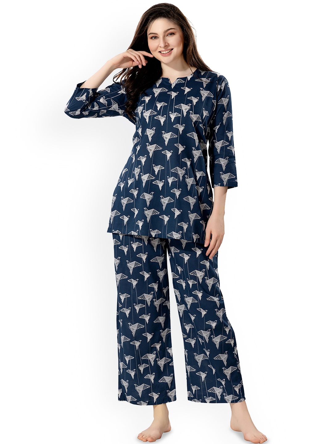 

NIGHT FLOSS Geometric Printed Pure Cotton Night Suit, Navy blue