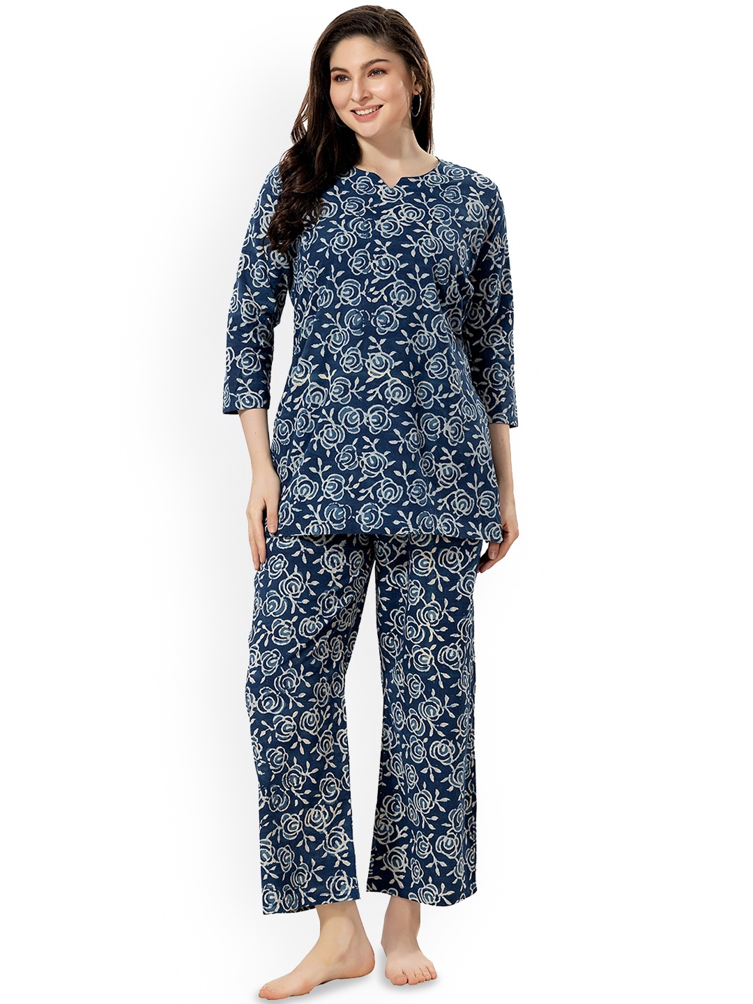 

NIGHT FLOSS Floral Printed Pure Cotton Night Suit, Blue