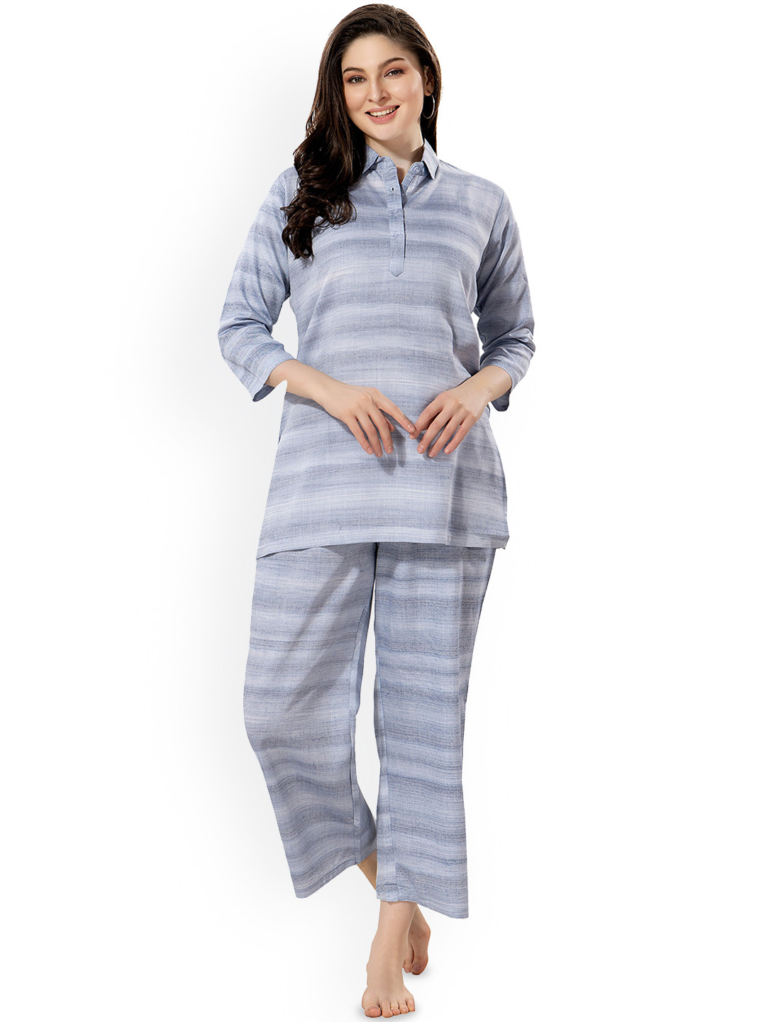 

NIGHT FLOSS Striped Shirt Collar Pure Cotton Night Suit, Blue
