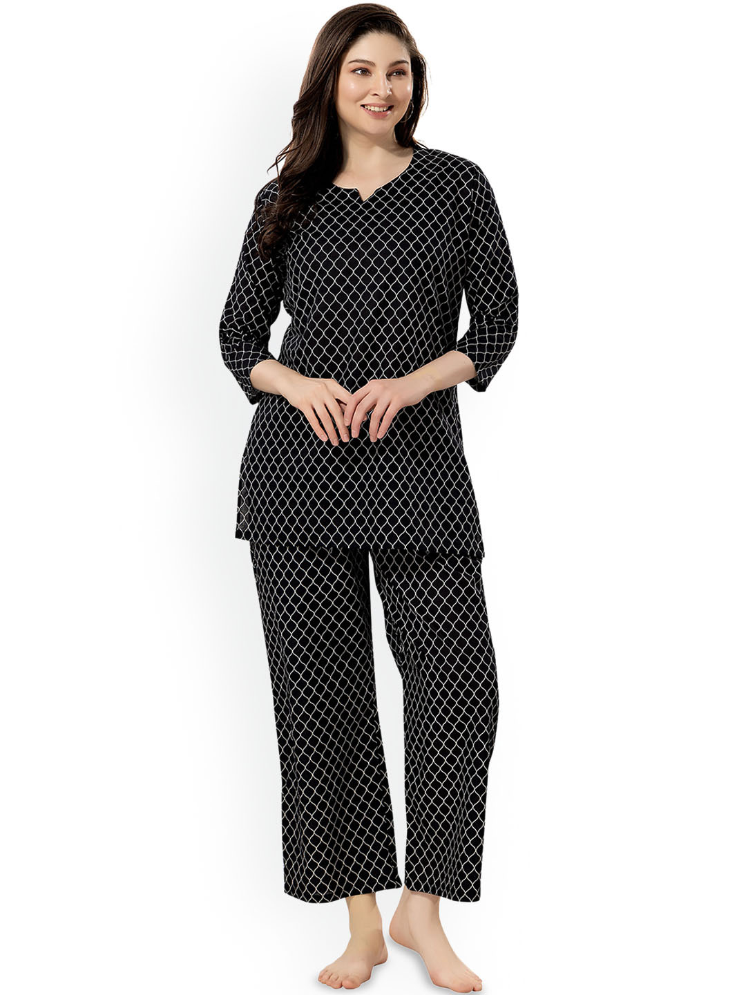 

NIGHT FLOSS Printed Pure Cotton Kurti With Pyjamas, Black