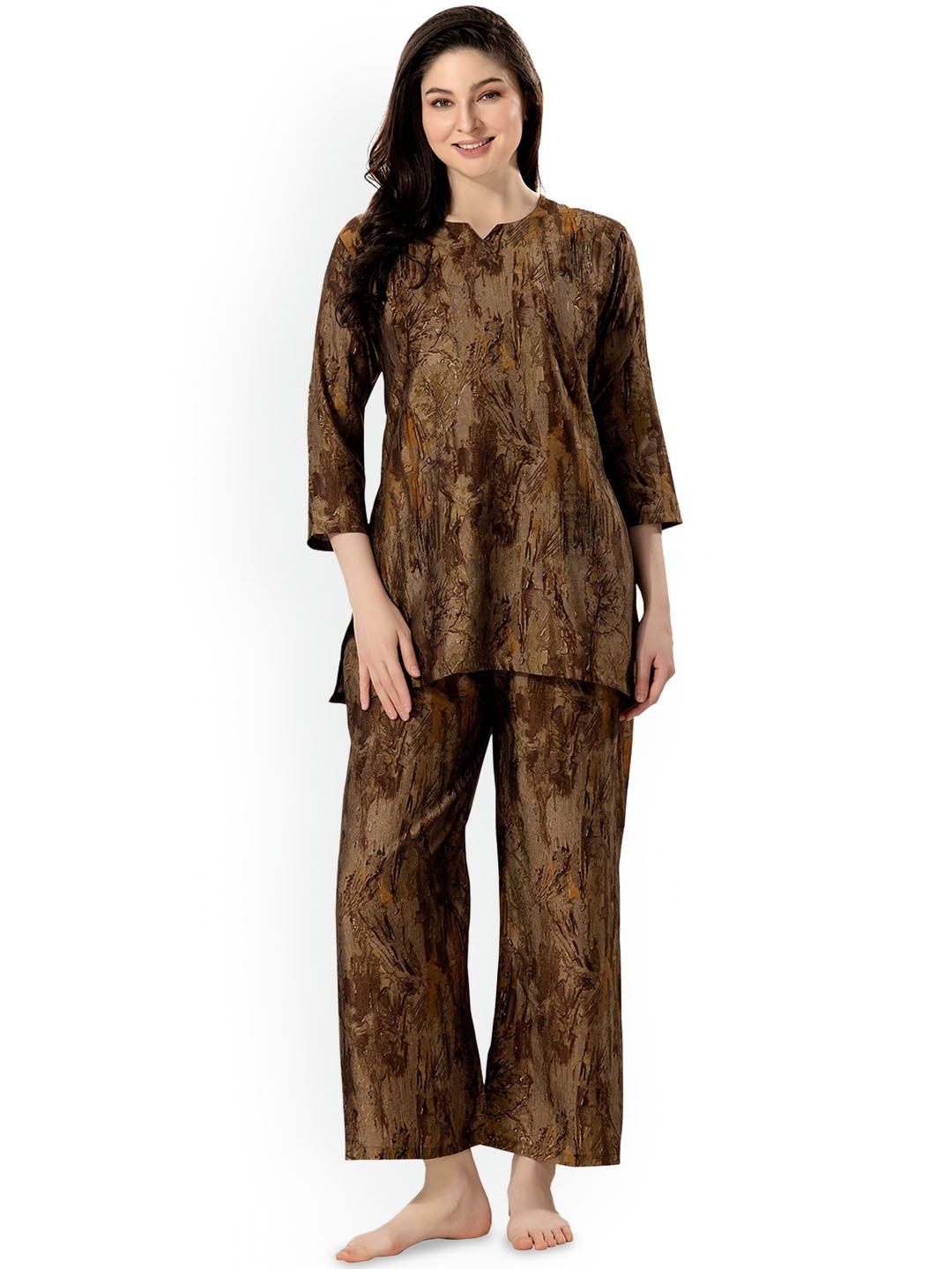 

NIGHT FLOSS Abstract Printed Pure Cotton Night Suit, Coffee brown