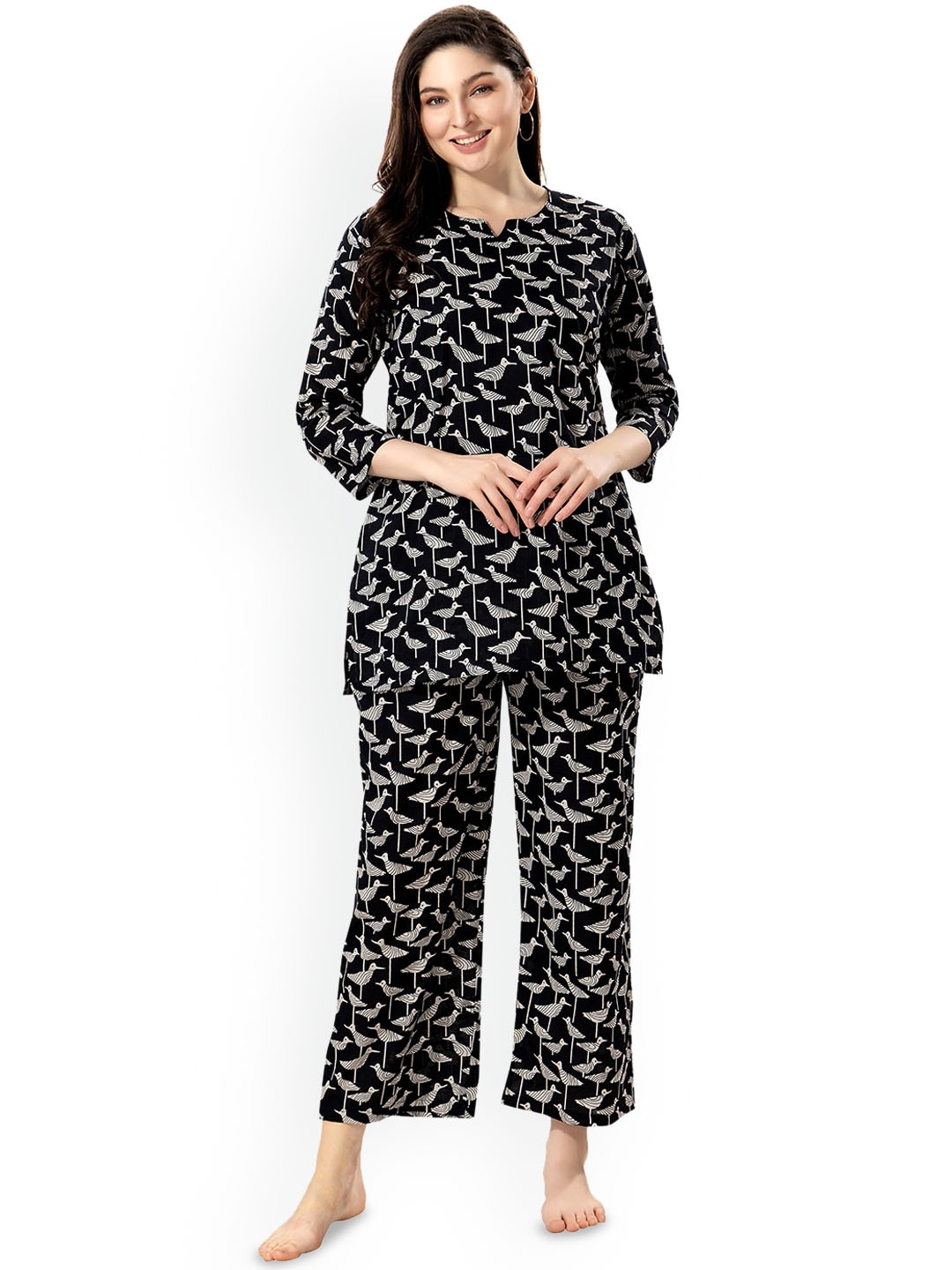 

NIGHT FLOSS GraphicPrinted Pure Cotton Night Suit, Black