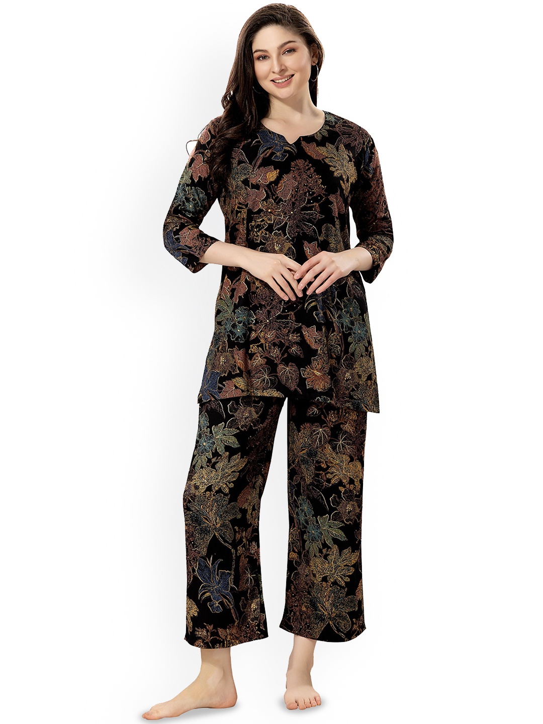 

NIGHT FLOSS Floral Printed Pure Cotton Night Suit, Black