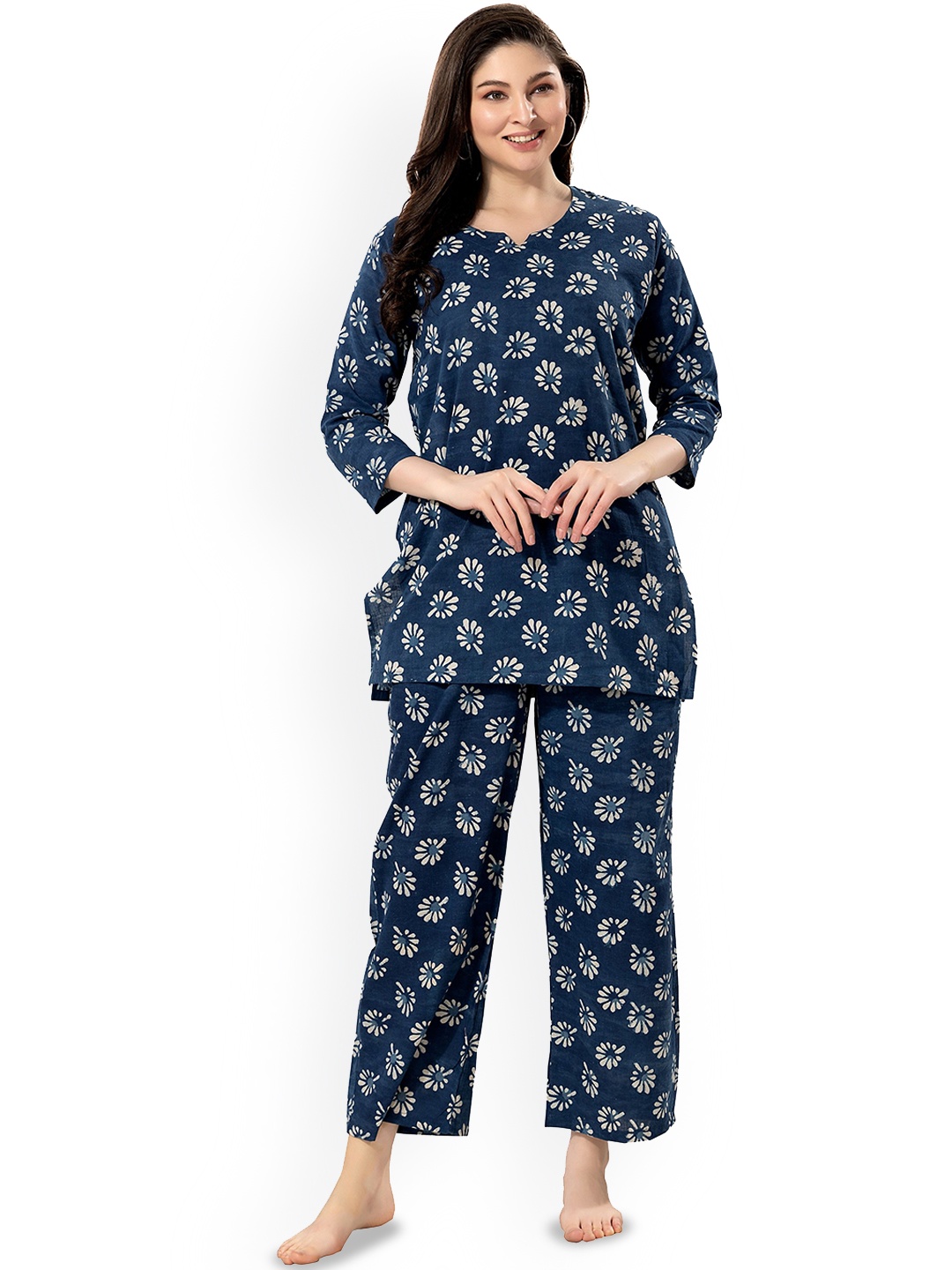 

NIGHT FLOSS Floral Printed Pure Cotton Night Suit, Blue