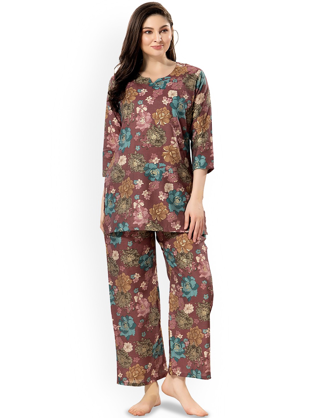 

NIGHT FLOSS Printed Pure Cotton Kurti With Pyjamas, Burgundy
