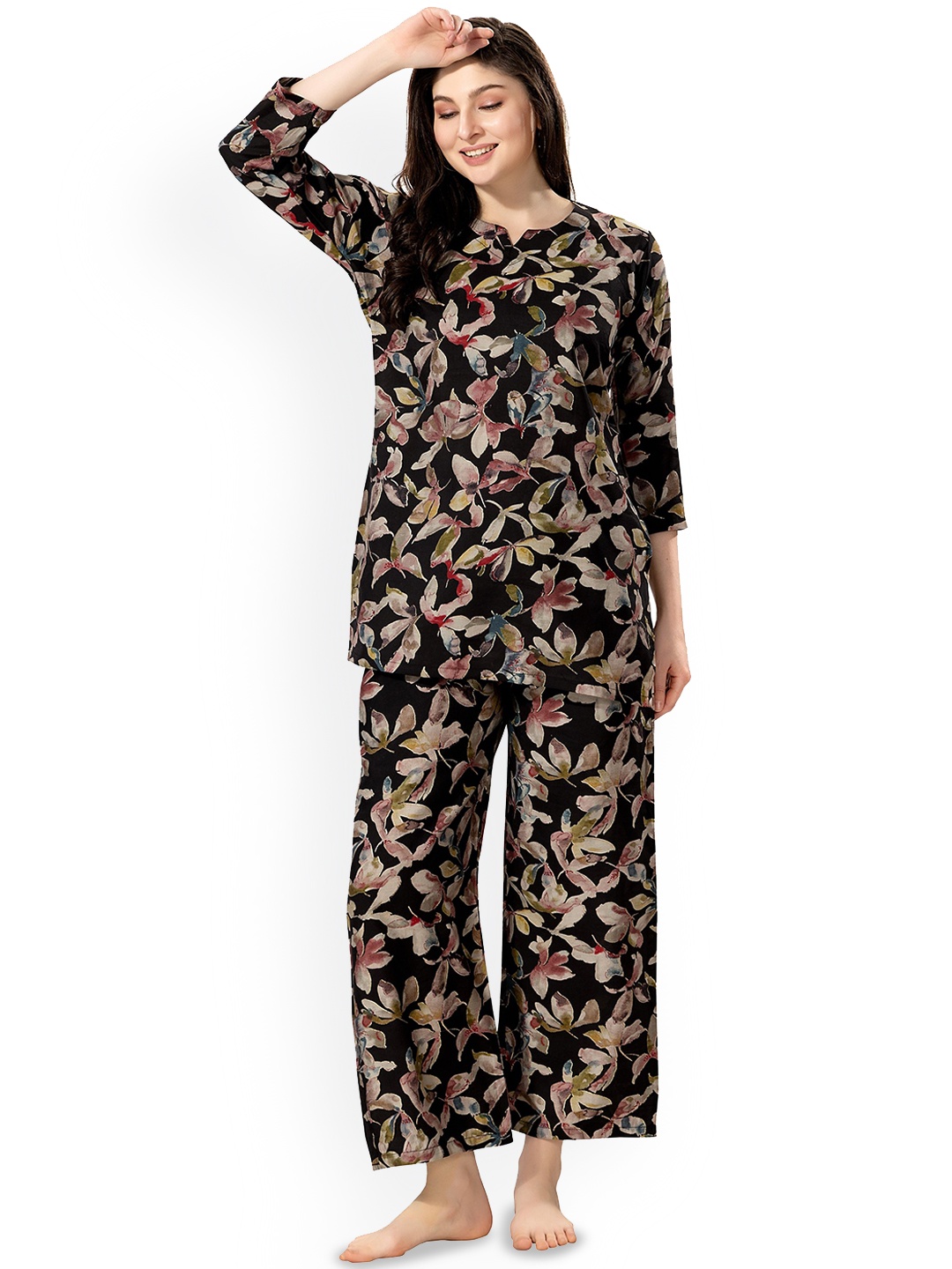 

NIGHT FLOSS Floral Printed Pure Cotton Night Suit, Black