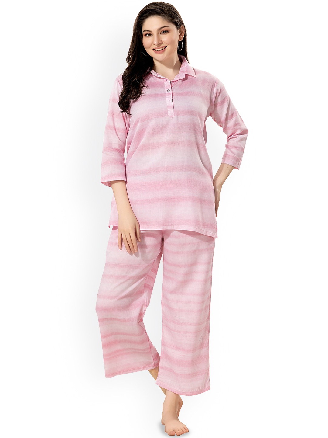 

NIGHT FLOSS Striped Shirt Collar Pure Cotton Night Suit, Pink