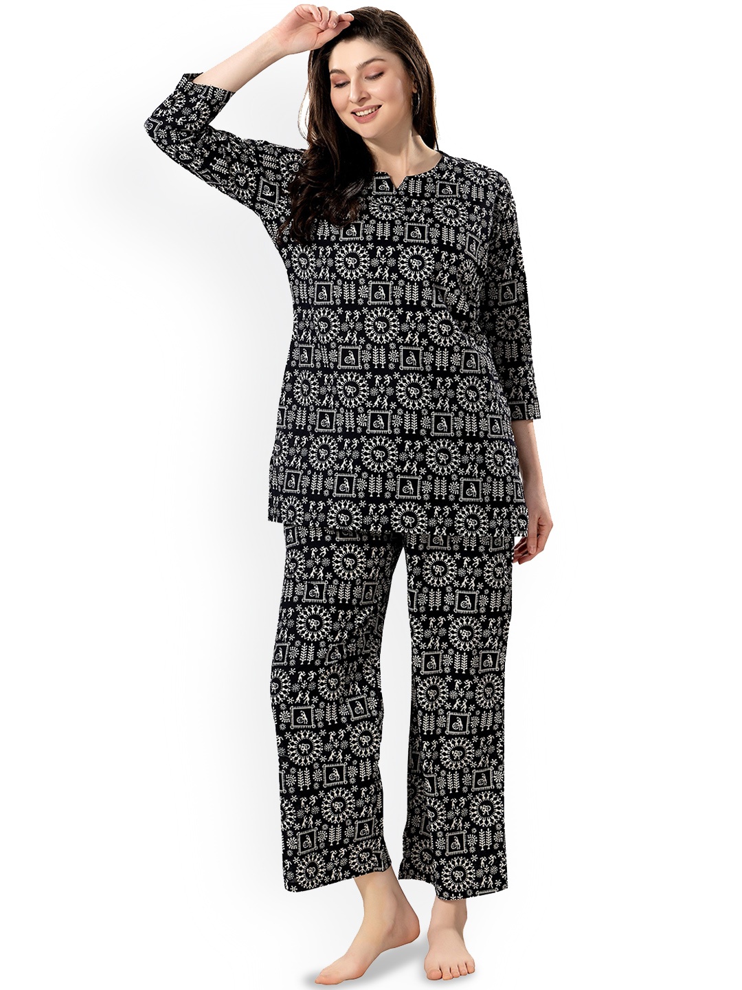 

NIGHT FLOSS Printed Pure Cotton Night Suit, Black
