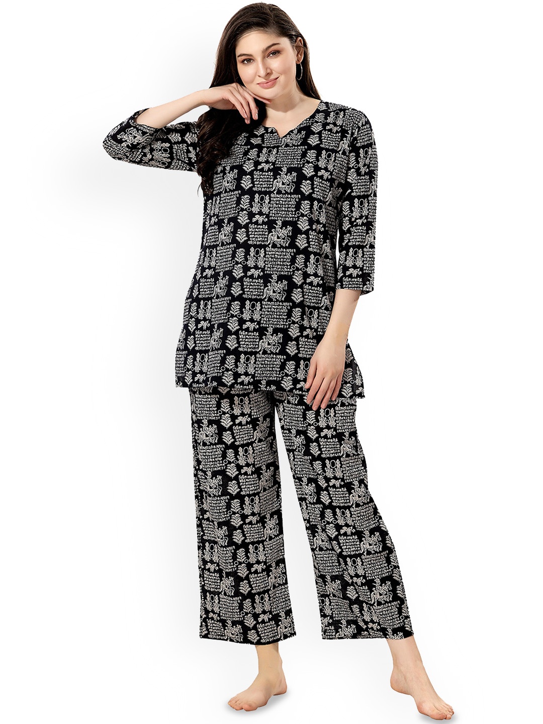 

NIGHT FLOSS Ethnic Motifs Printed Pure Cotton Night Suit, Black