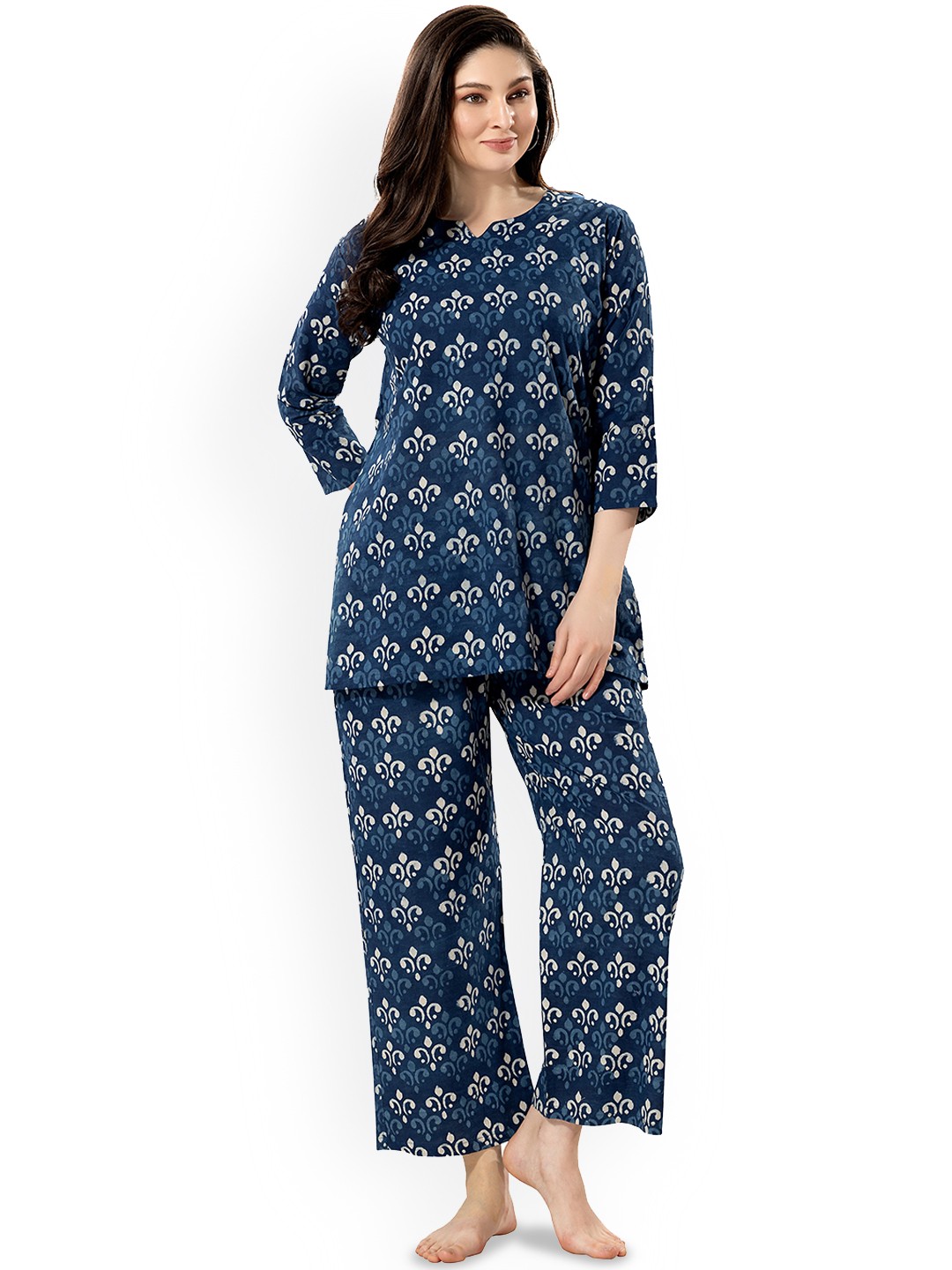 

NIGHT FLOSS Ethnic Motifs Printed Pure Cotton Night Suit, Blue
