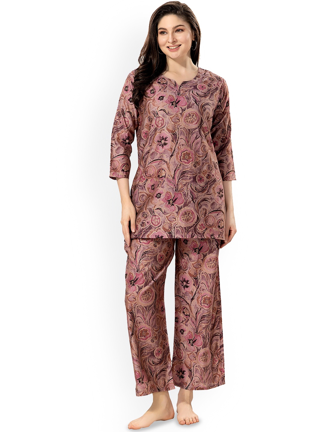 

NIGHT FLOSS Floral Printed Pure Cotton Night Suit, Pink