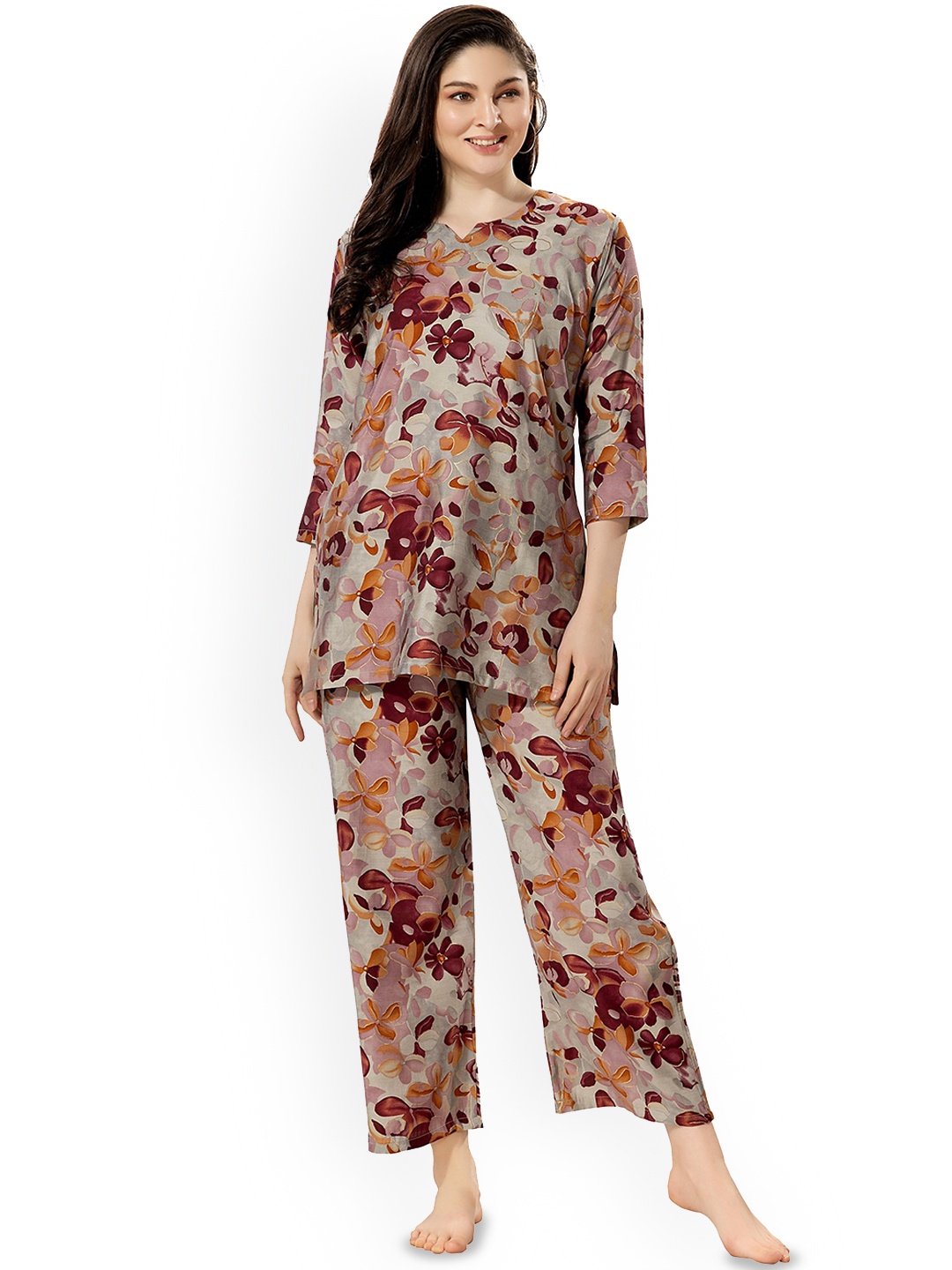 

NIGHT FLOSS Floral Printed Pure Cotton Night Suit, Red