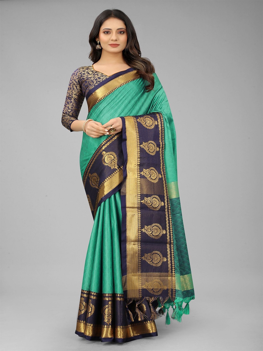

JULEE Woven Design Zari Kanjeevaram Saree, Turquoise blue