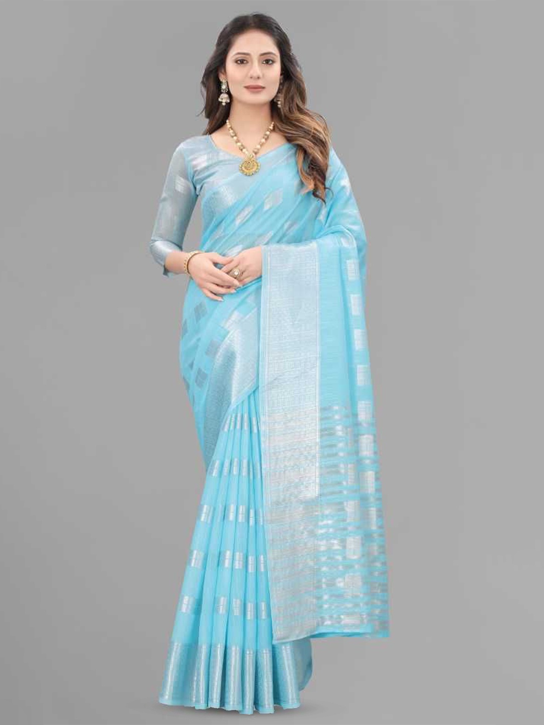 

JULEE Woven Design Zari Pure Linen Saree, Blue