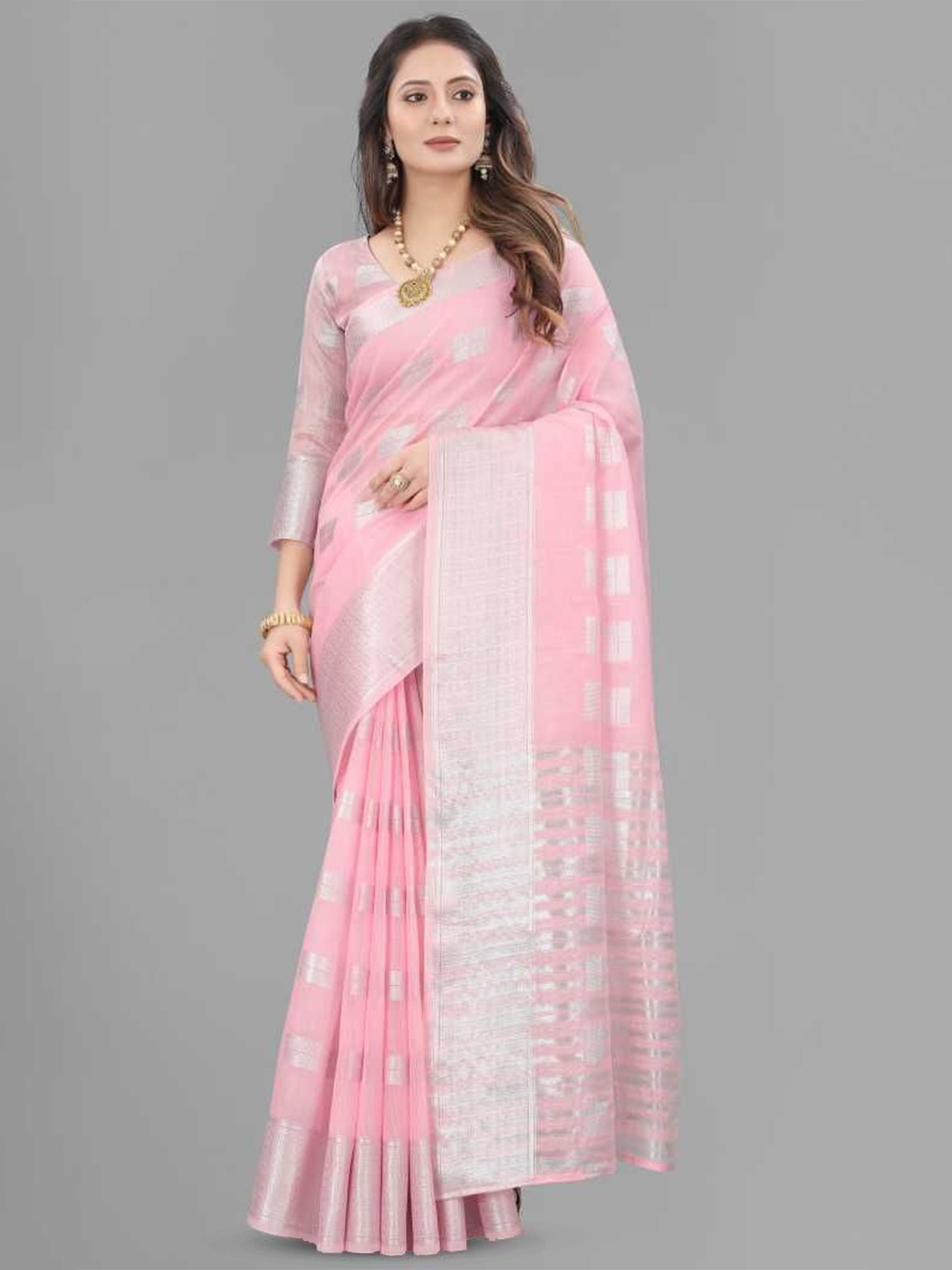 

JULEE Ethnic Motifs Zari Pure Linen Saree With Blouse Piece, Pink