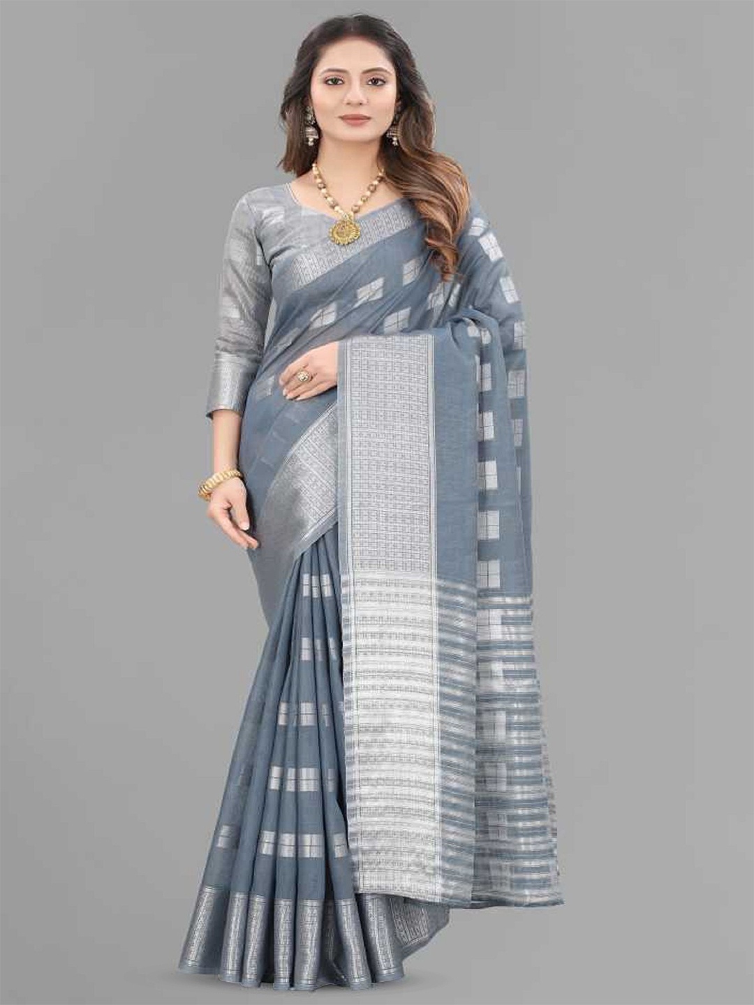 

JULEE Woven Design Zari Pure Linen Saree, Grey