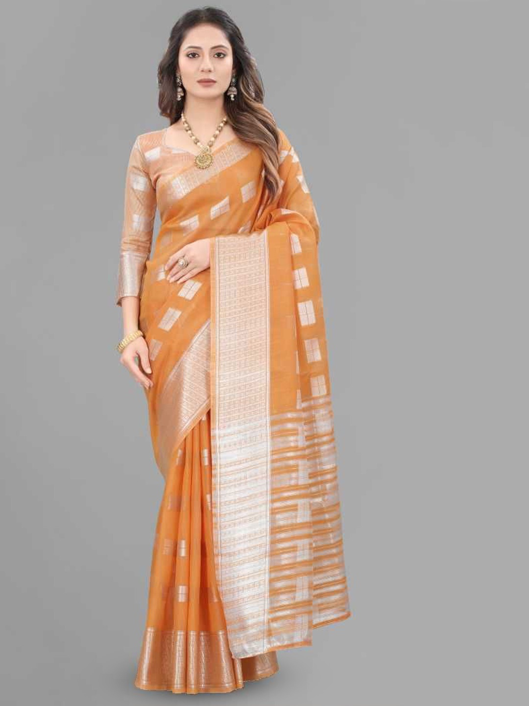 

JULEE Woven Design Zari Pure Linen Saree, Orange