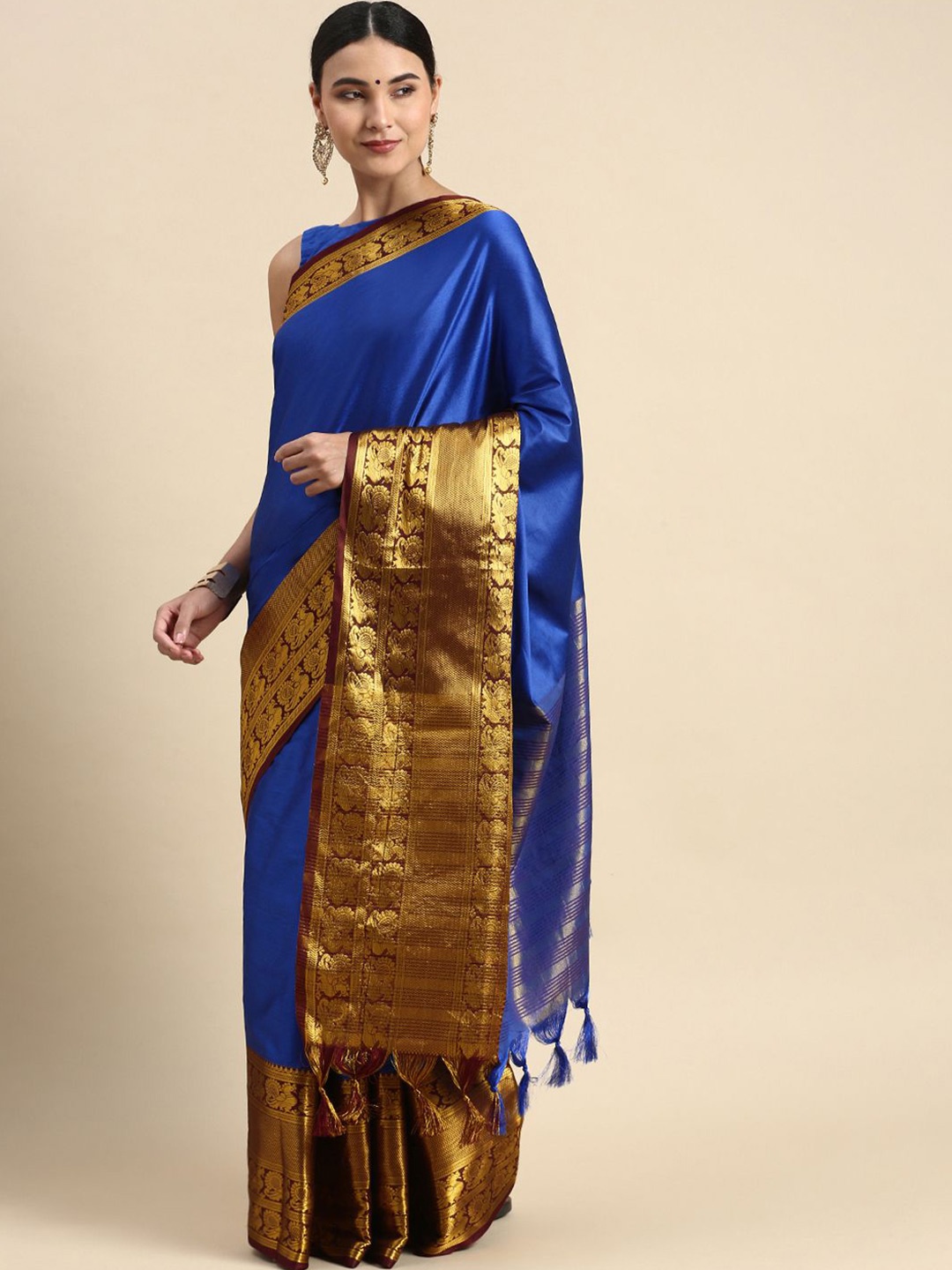 

JULEE Zari Kanjeevaram Saree With Blouse Piece, Blue