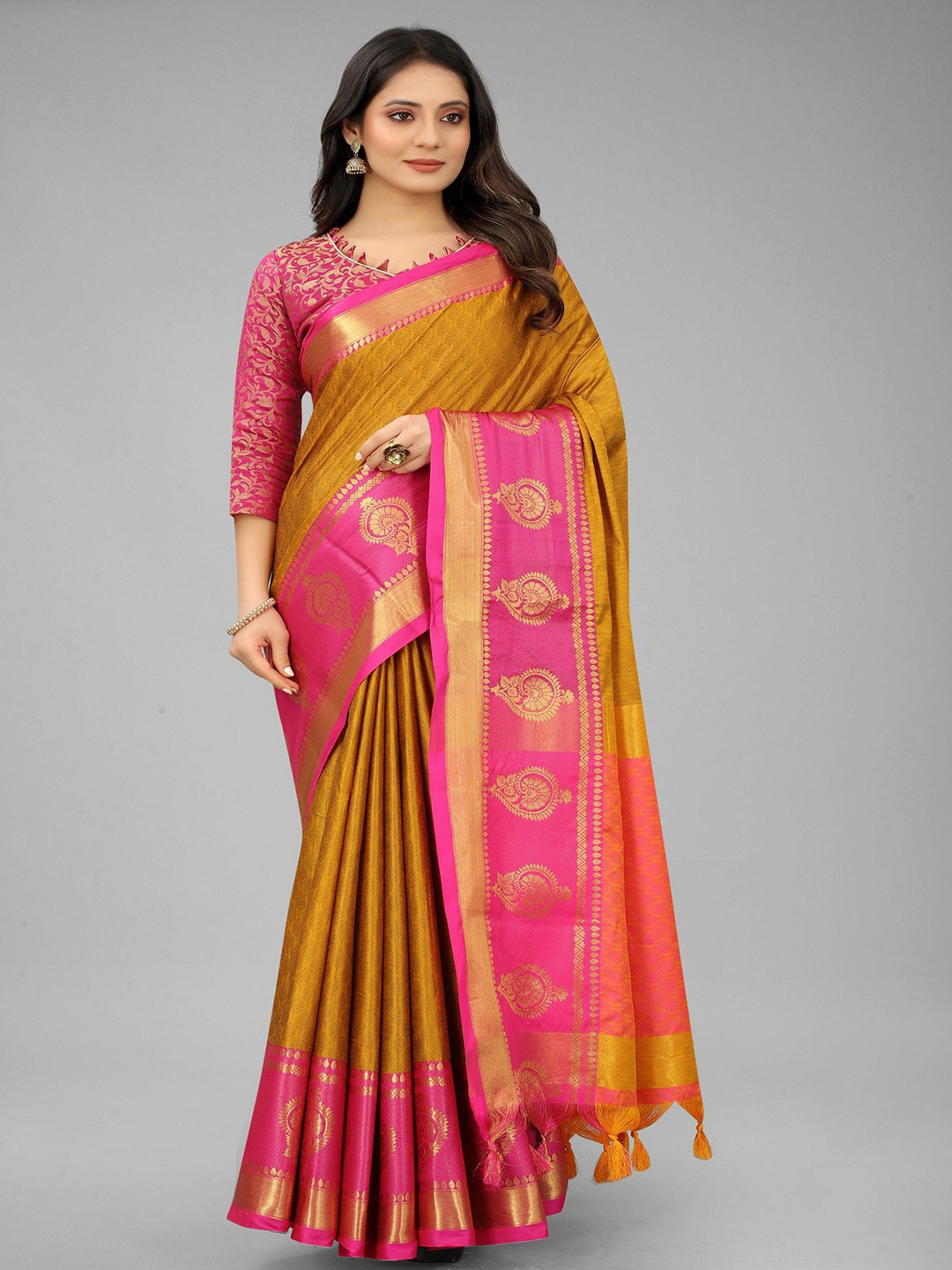 

JULEE Ethnic Motifs Woven Design Zari Kanjeevaram Saree, Green
