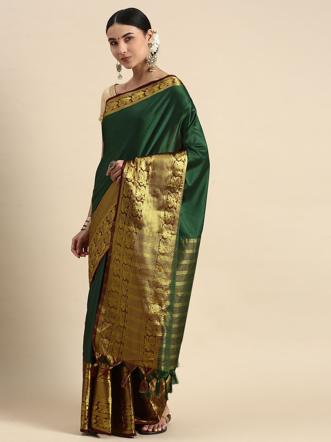 

JULEE Zari Woven Design Kanjeevaram Saree, Green