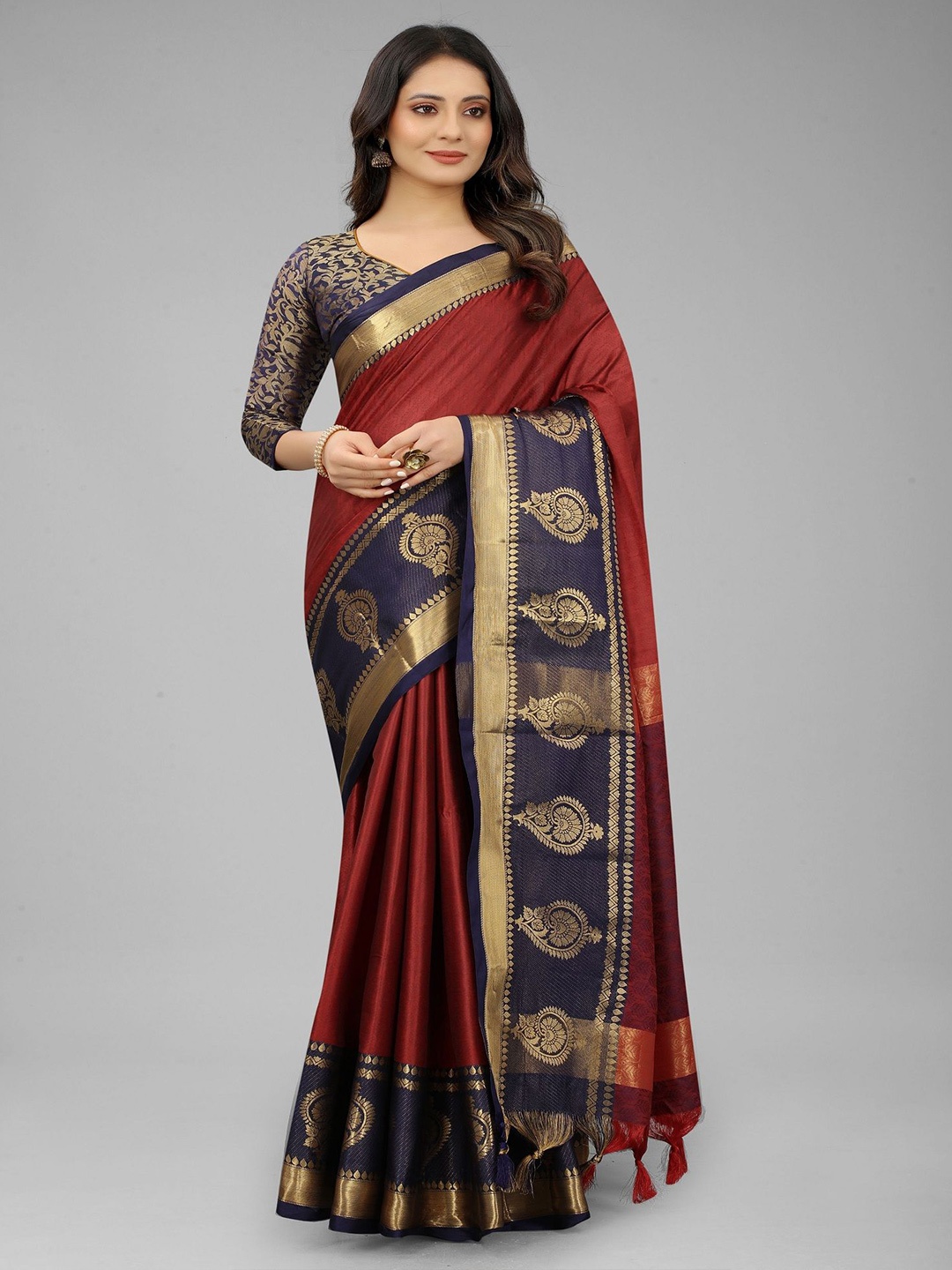 

JULEE Zari Silk Cotton Kanjeevaram Saree, Red