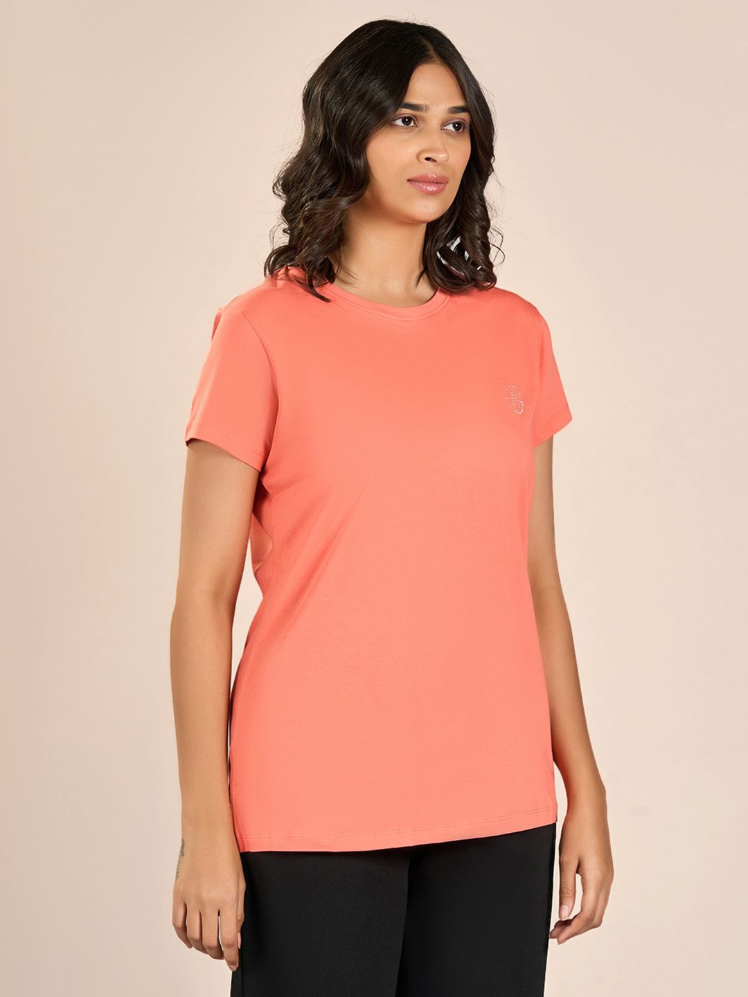 

MAYSIXTY Women Round Neck Extended Sleeves T-shirt, Peach