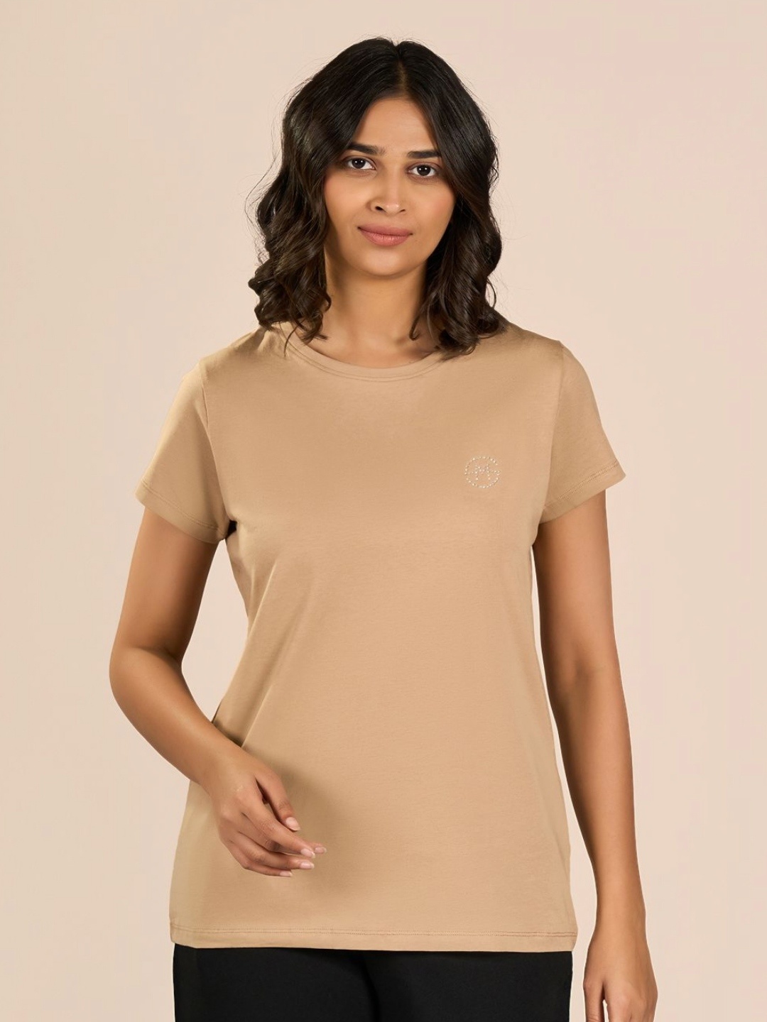 

MAYSIXTY Women Brown Round Neck Shorts Sleeve Solid T-Shirt
