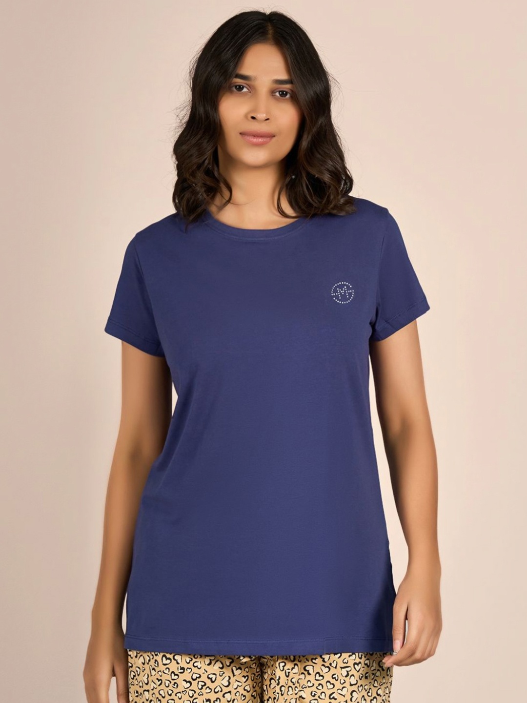 

MAYSIXTY Women Blue Round Neck Shorts Sleeve Solid T-Shirt