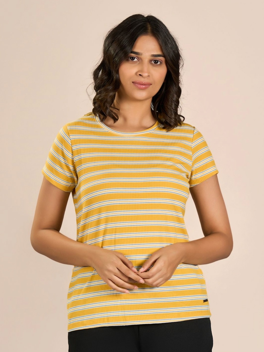 

MAYSIXTY Women Striped Pockets T-shirt, Yellow