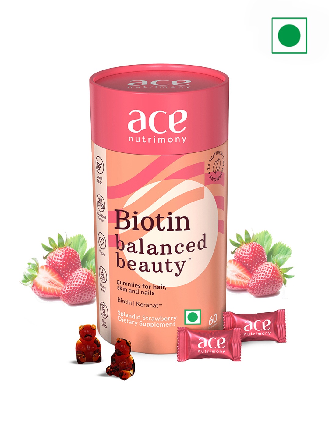 

Ace Nutrimony Biotin Gummies For Hair Growth - Splendid Strawberry - 60 Gummies, Red